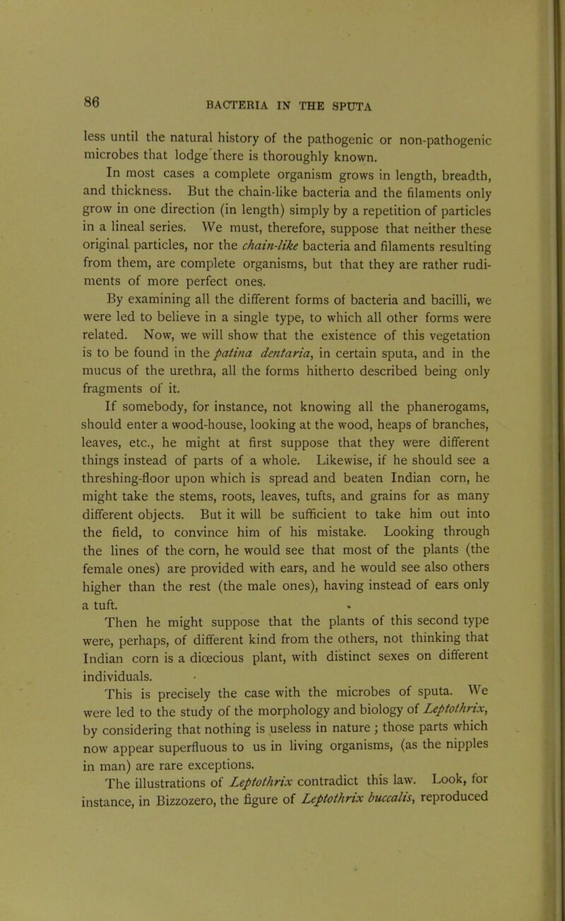less until the natural history of the pathogenic or non-pathogenic microbes that lodge there is thoroughly known. In most cases a complete organism grows in length, breadth, and thickness. But the chain-like bacteria and the filaments only grow in one direction (in length) simply by a repetition of particles in a lineal series. We must, therefore, suppose that neither these original particles, nor the cham-like bacteria and filaments resulting from them, are complete organisms, but that they are rather rudi- ments of more perfect ones. By examining all the different forms of bacteria and bacilli, we were led to believe in a single type, to which all other forms were related. Now, we will show that the existence of this vegetation is to be found in the patina dentaria, in certain sputa, and in the mucus of the urethra, all the forms hitherto described being only fragments of it. If somebody, for instance, not knowing all the phanerogams, should enter a wood-house, looking at the wood, heaps of branches, leaves, etc., he might at first suppose that they were different things instead of parts of a whole. Likewise, if he should see a threshing-floor upon which is spread and beaten Indian corn, he might take the stems, roots, leaves, tufts, and grains for as many different objects. But it will be sufficient to take him out into the field, to convince him of his mistake. Looking through the lines of the corn, he would see that most of the plants (the female ones) are provided with ears, and he would see also others higher than the rest (the male ones), having instead of ears only a tuft. Then he might suppose that the plants of this second type were, perhaps, of different kind from the others, not thinking that Indian corn is a dioecious plant, with distinct sexes on different individuals. This is precisely the case with the microbes of sputa. We were led to the study of the morphology and biology of Leptothrix, by considering that nothing is useless in nature; those parts which now appear superfluous to us in living organisms, (as the nipples in man) are rare exceptions. The illustrations of Leptothrix contradict this law. Look, for instance, in Bizzozero, the figure of Leptothrix buccalis, repioduced