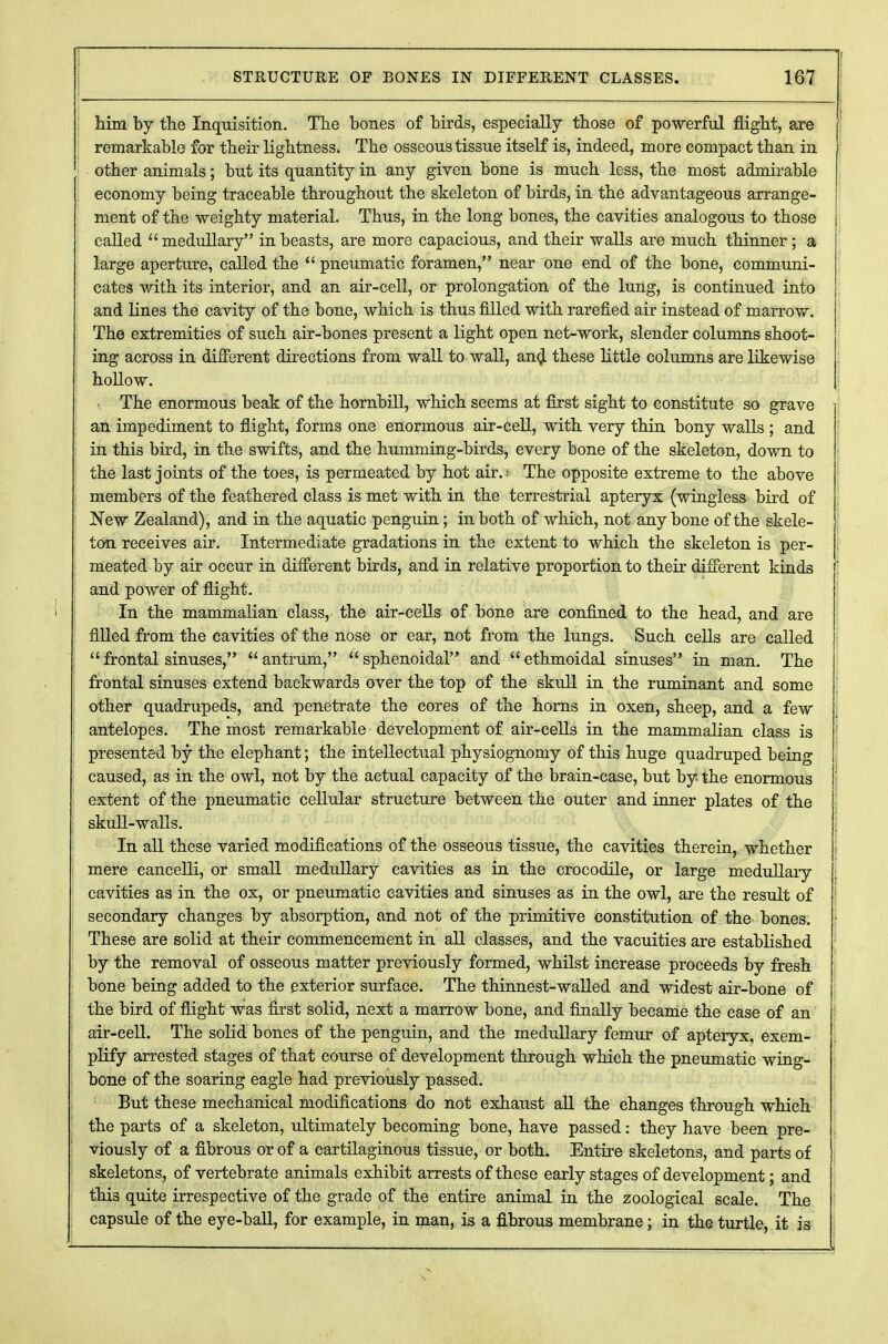 him by the Inquisition. The bones of birds, especially those of powerful flight, are remarkable for their lightness. The osseous tissue itself is, indeed, more compact than in other animals; but its quantity in any given bone is much less, the most admirable economy being traceable throughout the skeleton of birds, in the advantageous arrange- ment of the weighty material. Thus, in the long bones, the cavities analogous to those called medullary in beasts, are more capacious, and their walls are much thinner ; a large aperture, called the  pneumatic foramen, near one end of the bone, communi- cates with, its interior, and an air-cell, or prolongation of the lung, is continued into and lines the cavity of the bone, which is thus filled with rarefied air instead of marrow. The extremities of such air-bones present a light open net-work, slender columns shoot- ing across in different directions from wall to wall, and these little columns are likewise hollow. . The enormous beak of the hornbill, which seems at first sight to constitute so grave an impediment to flight, forms one enormous air-cell, with very thin bony walls ; and in this bird, in the swifts, and the humming-birds, every bone of the skeleton, down to the last joints of the toes, is permeated by hot air.' The opposite extreme to the above members of the feathered class is met with in the terrestrial apteryx (wingless bird of New Zealand), and in the aquatic penguin; in both of which, not any bone of the skele- ton receives air. Intermediate gradations in the extent to which the skeleton is per- meated by air occur in different birds, and in relative proportion to their different kinds and power of flight. In the mammalian class, the air-cells of bone are confined to the head, and are filled from the cavities of the nose or ear, not from the lungs. Such cells are called frontal sinuses, antrum, sphenoidal and ethmoidal sinuses in man. The frontal sinuses extend backwards over the top of the skull in the ruminant and some other quadrupeds, and penetrate the cores of the horns in oxen, sheep, and a few antelopes. The most remarkable development of air-cells in the mammalian class is presented by the elephant; the intellectual physiognomy of this huge quadruped being caused, as in the owl, not by the actual capacity of the brain-case, but by the enormous extent of the pneumatic cellular structure between the outer and inner plates of the skull-walls. In all these varied modifications of the osseous tissue, the cavities therein, whether mere cancelli, or small medullary cavities as in the crocodile, or large medullary cavities as in the ox, or pneumatic cavities and sinuses as in the owl, are the result of secondary changes by absorption, and not of the primitive constitution of the bones. These are solid at their commencement in all classes, and the vacuities are established by the removal of osseous matter previously formed, whilst increase proceeds by fresh bone being added to the exterior surface. The thinnest-walled and widest air-bone of the bird of flight was first solid, next a marrow bone, and finally became the case of an air-cell. The solid bones of the penguin, and the medullary femur of apteryx, exem- plify arrested stages of that course of development through which the pneumatic wing- bone of the soaring eagle had previously passed. But these mechanical modifications do not exhaust all the changes through which the parts of a skeleton, ultimately becoming bone, have passed: they have been pre- viously of a fibrous or of a cartilaginous tissue, or both. Entire skeletons, and parts of skeletons, of vertebrate animals exhibit arrests of these early stages of development; and this quite irrespective of the grade of the entire animal in the zoological scale. The capsule of the eye-ball, for example, in man, is a fibrous membrane; in the turtle, it is