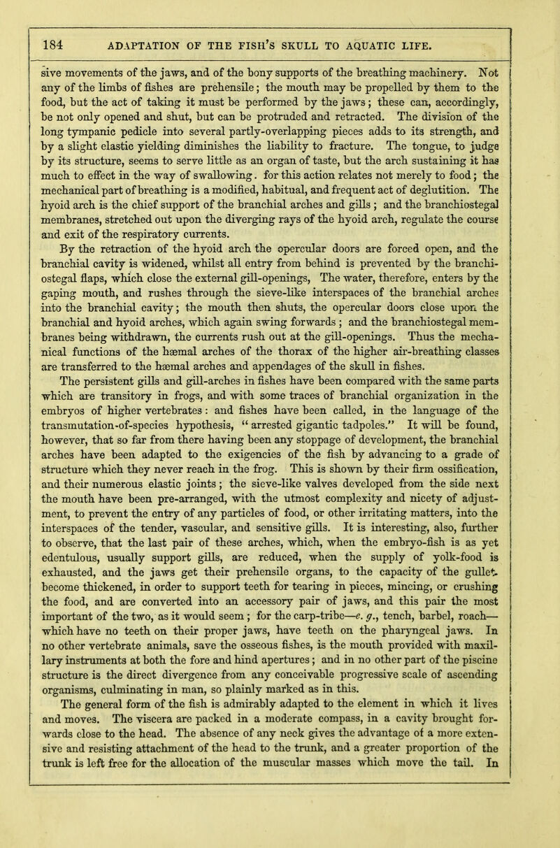 sive movements of the jaws, and of the bony supports of the breathing machinery. Not any of the limbs of fishes are prehensile; the mouth may be propelled by them to the food, but the act of taking it must be performed by the jaws ; these can, accordingly, be not only opened and shut, but can be protruded and retracted. The division of the long tympanic pedicle into several partly-overlapping pieces adds to its strength, and by a slight elastic yielding diminishes the liability to fracture. The tongue, to judge by its structure, seems to serve little as an organ of taste, but the arch sustaining it has much to effect in the way of swallowing. for this action relates not merely to food; the mechanical part of breathing is a modified, habitual, and frequent act of deglutition. The hyoid arch is the chief support of the branchial arches and gills ; and the branchiostegal membranes, stretched out upon the diverging rays of the hyoid arch, regulate the course and exit of the respiratory currents. By the retraction of the hyoid arch the opercular doors are forced open, and the branchial cavity is widened, whilst all entry from behind is prevented by the branchi- ostegal flaps, which close the external gill-openings, The water, therefore, enters by the gaping mouth, and rushes through the sieve-like interspaces of the branchial arches into the branchial cavity; the mouth then shuts, the opercular doors close upon the branchial and hyoid arches, which again swing forwards ; and the branchiostegal mem- branes being withdrawn, the currents rush out at the gill-openings. Thus the mecha- nical functions of the haemal arches of the thorax of the higher ah*-breathing classes are transferred to the haemal arches and appendages of the skull in fishes. The persistent gills and gill-arches in fishes have been compared with the same parts which are transitory in frogs, and with some traces of branchial organization in the embryos of higher vertebrates: and fishes have been called, in the language of the transmutation-of-species hypothesis,  arrested gigantic tadpoles. It will be found, however, that so far from there having been any stoppage of development, the branchial arches have been adapted to the exigencies of the fish by advancing to a grade of structure which they never reach in the frog. This is shown by their firm ossification, and their numerous elastic joints ; the sieve-like valves developed from the side next the mouth have been pre-arranged, with the utmost complexity and nicety of adjust- ment, to prevent the entry of any particles of food, or other irritating matters, into the interspaces of the tender, vascular, and sensitive gills. It is interesting, also, further to observe, that the last pair of these arches, which, when the embryo-fish is as yet edentulous, usually support gills, are reduced, when the supply of yolk-food is exhausted, and the jaws get their prehensile organs, to the capacity of the gullet, become thickened, in order to support teeth for tearing in pieces, mincing, or crushing the food, and are converted into an accessory pair of jaws, and this pair the most important of the two, as it would seem; for the carp-tribe—e. g., tench, barbel, roach— which have no teeth on their proper jaws, have teeth on the pharyngeal jaws. In no other vertebrate animals, save the osseous fishes, is the mouth provided with maxil- lary instruments at both the fore and hind apertures; and in no other part of the piscine structure is the direct divergence from any conceivable progressive scale of ascending organisms, culminating in man, so plainly marked as in this. The general form of the fish is admirably adapted to the element in which it lives and moves. The viscera are packed in a moderate compass, in a cavity brought for- wards close to the head. The absence of any neck gives the advantage of a more exten- sive and resisting attachment of the head to the trunk, and a greater proportion of the trunk is left free for the allocation of the muscular masses which move the tail. In