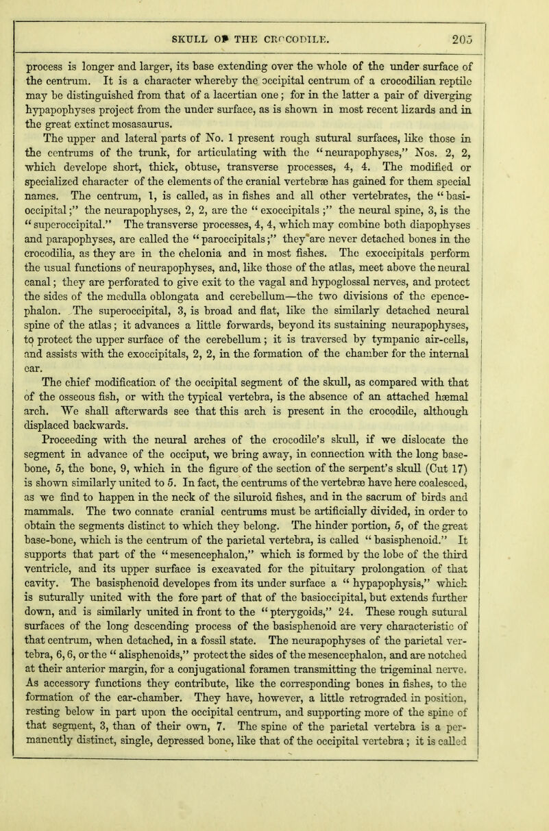 process is longer and larger, its base extending over the whole of the under surface of the centrum. It is a character whereby the occipital centrum of a crocodilian reptile may be distinguished from that of a lacertian one ; for in the latter a pair of diverging hypapophyses project from the under surface, as is shown in most recent lizards and in the great extinct mosasaurus. The upper and lateral parts of No. 1 present rough sutural surfaces, like those in the centrums of the trunk, for articulating with the  neurapophyses, Nos. 2, 2, which develope short, thick, obtuse, transverse processes, 4, 4. The modified or specialized character of the elements of the cranial vertebrae has gained for them special names. The centrum, 1, is called, as in fishes and all other vertebrates, the  basi- occipital; the neurapophyses, 2, 2, are the  exoccipitals ; the neural spine, 3, is the  superoccipital. The transverse processes, 4, 4, which may combine both diapophyses and parapophyses, are called the  paroccipitals; they are never detached bones in the crocodilia, as they are in the chelonia and in most fishes. The exoccipitals perform the usual functions of neurapophyses, and, like those of the atlas, meet above the neural canal; they are perforated to give exit to the vagal and hypoglossal nerves, and protect the sides of the medulla oblongata and cerebellum—the two divisions of the epence- phalon. . The superoccipital, 3, is broad and flat, like the similarly detached neural spine of the atlas; it advances a little forwards, beyond its sustaining neurapophyses, to protect the upper surface of the cerebellum; it is traversed by tympanic air-cells, and assists with the exoccipitals, 2, 2, in the formation of the chamber for the internal ear. The chief modification of the occipital segment of the skull, as compared with that of the osseous fish, or with the typical vertebra, is the absence of an attached haemal arch. We shall afterwards see that this arch is present in the crocodile, although displaced backwards. Proceeding with the neural arches of the crocodile's skull, if we dislocate the segment in advance of the occiput, we bring away, in connection with the long base- bone, 5, the bone, 9, which in the figure of the section of the serpent's skull (Cut 17) is shown similarly united to 5. In fact, the centrums of the vertebrae have here coalesced, as we find to happen in the neck of the siluroid fishes, and in the sacrum of birds and mammals. The two connate cranial centrums must be artificially divided, in order to obtain the segments distinct to which they belong. The hinder portion, 5, of the great base-bone, which is the centrum of the parietal vertebra, is called  basisphenoid. It supports that part of the mesencephalon, which is formed by the lobe of the third ventricle, and its upper surface is excavated for the pituitary prolongation of that cavity. The basisphenoid developes from its under surface a  hypapophysis, which is suturally united with the fore part of that of the basioccipital, but extends further down, and is similarly united in front to the  pterygoids, 24. These rough sutural surfaces of the long descending process of the basisphenoid are very characteristic of that centrum, when detached, in a fossil state. The neurapophyses of the parietal ver- tebra, 6,6, or the  alisphenoids, protect the sides of the mesencephalon, and are notched at their anterior margin, for a conjugational foramen transmitting the trigeminal nerve. As accessory functions they contribute, like the corresponding bones in fishes, to the formation of the ear-chamber. They have, however, a little retrograded in position, resting below in part upon the occipital centrum, and supporting more of the spine of that segment, 3, than of their own, 7. The spine of the parietal vertebra is a per- manently distinct, single, depressed bone, like that of the occipital vertebra; it is called