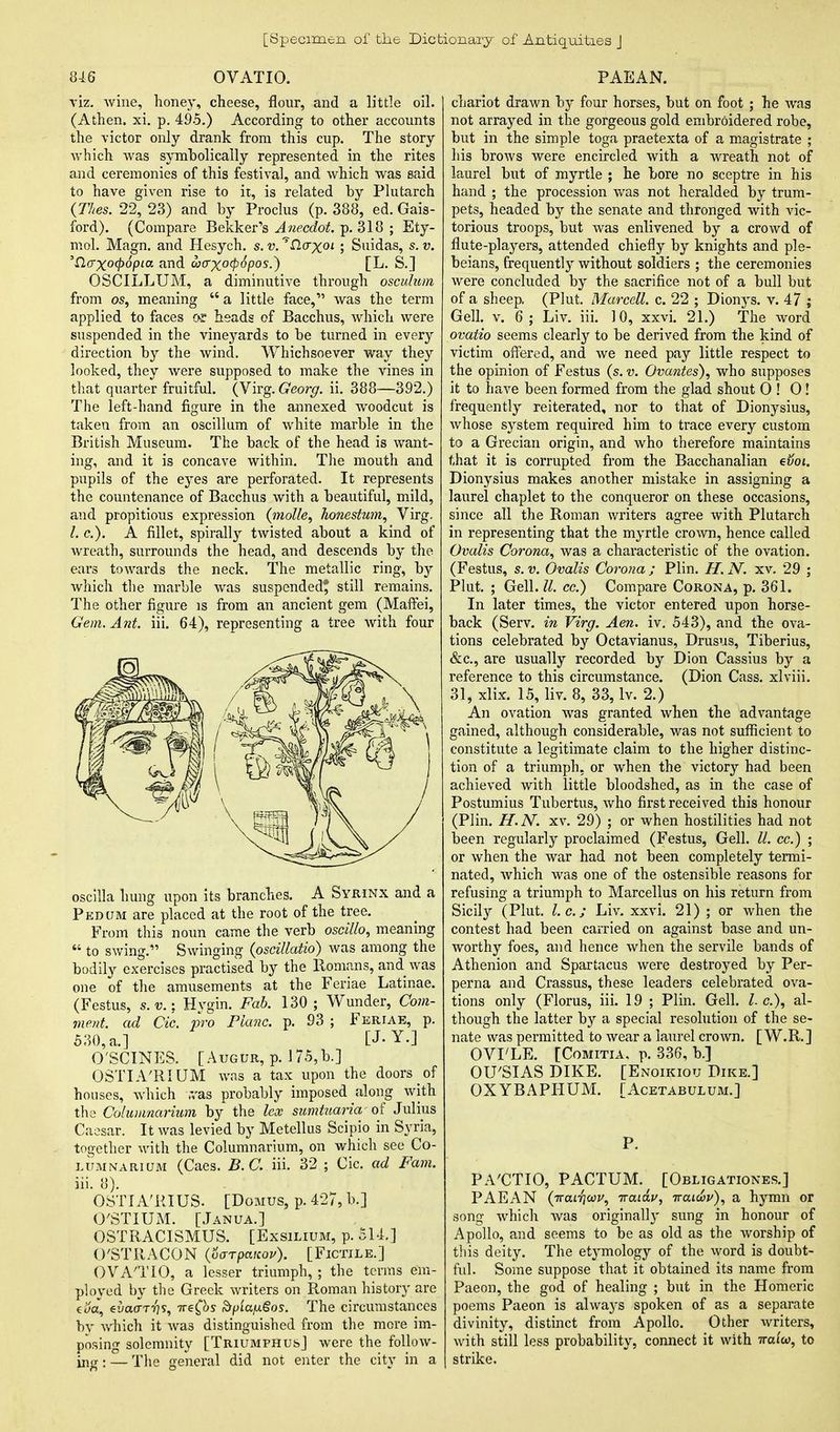 [Specimen of the Dictionary of Antiquities J 846 OVATIO. viz. wine, honey, cheese, flour, and a little oil. (Athen. xi. p. 495.) According to other accounts the victor only drank from this cup. The story which was symbolically represented in the rites and ceremonies of this festival, and which was said to have given rise to it, is related by Plutarch (Thes. 22, 23) and by Proclus (p. 388, ed. Gais- ford). (Compare Bekker's Anecdot. p. 318 ; Ety- mol. Magn. and Hesych. s. v. ^Clcrxoi ; Suidas, s. v. Tl(rxo(p6pta and uxry^ocpopos.) [L. S.] OSCILLUM, a diminutive through osculum from os, meaning  a little face, was the term applied to faces or heads of Bacchus, which were suspended in the vineyards to be turned in every direction by the wind. Whichsoever way they looked, they were supposed to make the vines in that quarter fruitful. (Virg. Georg. ii. 388—392.) The left-hand figure in the annexed woodcut is taken from an oscillum of white marble in the British Museum. The back of the head is want- ing, and it is concave within. The mouth and pupils of the eyes are perforated. It represents the countenance of Bacchus with a beautiful, mild, and propitious expression (molle, Jionestwn, Virg. I.e.). A fillet, spirally twisted about a kind of wreath, surrounds the head, and descends by the ears towards the neck. The metallic ring, by which the marble was suspended* still remains. The other figure is from an ancient gem (Maffei, Gem. Ant. iii. 64), representing a tree with four oscilla hung upon its branches. A Syrinx and a Pedum are placed at the root of the tree. From this noun came the verb oscillo, meaning  to swing. Swinging (pscillatio) was among the bodily exercises practised by the Romans, and was one of the amusements at the Feriae Latinae. (Festus, s.v.; Hygin. Fab. 130 ; Wunder, Com- ment, ad Cic. pro Plane, p. 93 ; Feriae, p. 530, a.] [J-Y.] O'SCINES. [Augur, p. 175,b.] OSTIA'RIUM was a tax upon the doors of houses, which ,vas probably imposed along with the Columnarhim by the lex sumtitarict' of Julius Caesar. It was levied by Metellus Scipio in Syria, together with the Columnarium, on which see Co- lumnarium (Caes. B.C. iii. 32 ; Cic. ad Fam. iii. 8). OSTIA'RIUS. [Domus, p. 427, b.] O'STIUM. [Janua.] OSTRACISMUS. [Exsilium, p. 514.] O'STRACON (parpaKov). [Fictile.] OVA'TIO, a lesser triumph, ; the terms em- ployed by the Greek writers on Roman history are coa, eiiaarris, ire(bs Sfpia/u-Sos. The circumstances by which it wa3 distinguished from the mere im- posing solemnity [Triumphus] were the follow- ing : — The general did not enter the city in a PAEAN. chariot drawn by four horses, but on foot ; he was not arrayed in the gorgeous gold embroidered robe, but in the simple toga praetexta of a magistrate ; his brows were encircled with a wreath not of laurel but of myrtle ; he bore no sceptre in his hand ; the procession was not heralded by trum- pets, headed by the senate and thronged with vic- torious troops, but was enlivened by a crowd of flute-players, attended chiefly by knights and ple- beians, frequently without soldiers ; the ceremonies were concluded by the sacrifice not of a bull but of a sheep. (Plut. Marcell. c. 22 ; Dionys. v. 47 ; Gell. v. 6; Liv. iii. 10, xxvi. 21.) The word ovatio seems clearly to be derived from the kind of victim offered, and we need pay little respect to the opinion of Festus (s. v. Ovantes), who supposes it to have been formed from the glad shout 0 ! 0! frequently reiterated, nor to that of Dionysius, whose system required him to trace every custom to a Grecian origin, and who therefore maintains f,hat it is corrupted from the Bacchanalian evoi. Dionysius makes another mistake in assigning a laurel chaplet to the conqueror on these occasions, since all the Roman writers agree with Plutarch in representing that the myrtle crown, hence called Ovalis Corona, was a characteristic of the ovation. (Festus, s. v. Ovalis Corona ; Plin. H. N. xv. 29 ; Plut. ; Gell. II. cc.) Compare Corona, p. 361. In later times, the victor entered upon horse- back (Serv. in Virg. Aen. iv. 543), and the ova- tions celebrated by Octavianus, Drusus, Tiberius, &c, are usually recorded by Dion Cassius by a reference to this circumstance. (Dion Cass, xlviii. 31, xlix. 15, liv. 8, 33, lv. 2.) An ovation was granted when the advantage gained, although considerable, was not sufficient to constitute a legitimate claim to the higher distinc- tion of a triumph, or when the victory had been achieved with little bloodshed, as in the case of Postumius Tubertus, who first received this honour (Plin. H.N. xv. 29) ; or when hostilities had not been regularly proclaimed (Festus, Gell. II. cc.) ; or when the war had not been completely termi- nated, which was one of the ostensible reasons for refusing a triumph to Marcellus on his return from Sicily (Plut. I.e.; Liv. xxvi. 21) ; or when the contest had been carried on against base and un- worthy foes, and hence when the servile bands of Athenion and Spartacus were destroyed by Per- perna and Crassus, these leaders celebrated ova- tions only (Florus, iii. 19 ; Plin. Gell. I.e.), al- though the latter by a special resolution of the se- nate was permitted to wear a laurel crown. [ W.R.] OVFLE. [Comitia. p. 336, b.] OU'SIAS DIKE. [Enoikiou Dike.] OXYBAPHUM. [Acetabulum.] P. PA'CTIO, PACTUM. [Obligationes.] PAEAN (Tvairjwu, iraidv, iraiwv), a hymn or song which was originally sung in honour of Apollo, and seems to be as old as the worship of this deity. The etymology of the word is doubt- ful. Some suppose that it obtained its name from Paeon, the god of healing ; but in the Homeric poems Paeon is always spoken of as a separate divinity, distinct from Apollo. Other writers, with still less probability, connect it with weda, to strike.