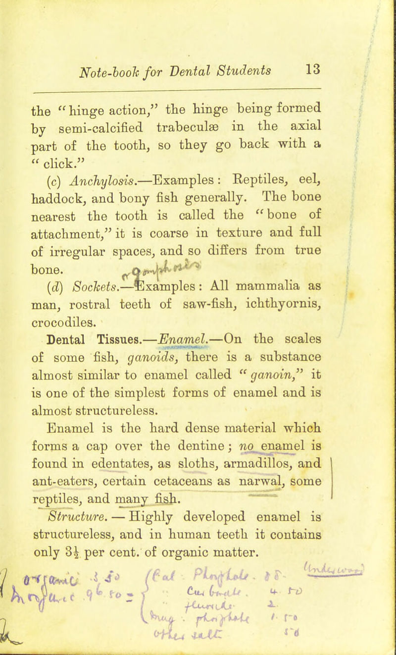 the  hinge action/’ the hinge being formed by semi-calcified trabeculae in the axial part of the tooth, so they go back with a “ click.” (c) Anchylosis.—Examples : Keptiles, eel, haddock, and bony fish generally. The bone nearest the tooth is called the “bone of attachment,” it is coarse in texture and full of irregular spaces, and so differs from true bone. .'•i' (d) Sockets.—Examples: All mammalia as man, rostral teeth of saw-fish, ichthyornis, crocodiles. Dental Tissues.—Enamel.—On the scales of some fish, ganoids, there is a substance almost similar to enamel called “ ganoin,” it is one of the simplest forms of enamel and is almost structureless. Enamel is the hard dense material which forms a cap over the dentine; no enamel is found in edentates, as sloths, armadillos, and ant-eaters, certain cetaceans as narwal, some reptiles, and many fish. Structure. — Highly developed enamel is structureless, and in human teeth it contains only 3^ per cent, of organic matter. 1 CaL4 bl*-<(.. . I  t in Aq i t~D 4- t ro rd