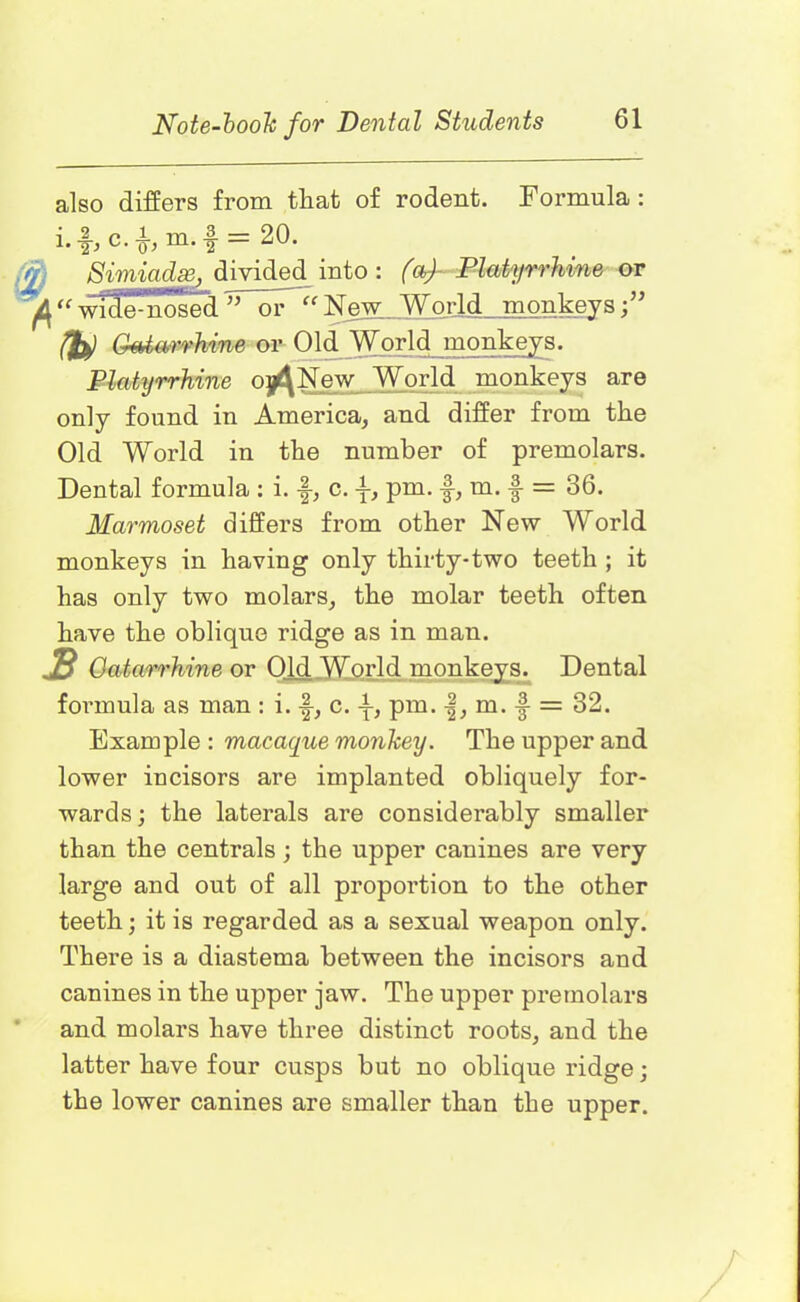 also differs from that of rodent. Formula : •j 2 ft 1 -iy| .3. 2 0 C* 0-> m* 2 Simiadse, divided into: (a) Platyrrhine or *A“wide-nosed ” oiP“New World monkeys;” Gatarrhine or Old World monkeys. Platyrrhine on<\N ew World monkeys are only found in America, and differ from the Old World in the number of premolars. Dental formula : i. •§-, c. y, pm. -f, m. f = 36. Marmoset differs from other New World monkeys in having only thirty-two teeth ; it has only two molars, the molar teeth often have the oblique ridge as in man. B Oatarrhine or Old World monkeys. Dental formula as man : i. -f-, c. pm. |, m. f- = 32. Example : macaque monkey. The upper and lower incisors are implanted obliquely for- wards; the laterals are considerably smaller than the centrals; the upper canines are very large and out of all proportion to the other teeth; it is regarded as a sexual weapon only. There is a diastema between the incisors and canines in the upper jaw. The upper pretnolars and molars have three distinct roots, and the latter have four cusps but no oblique ridge; the lower canines are smaller than the upper.