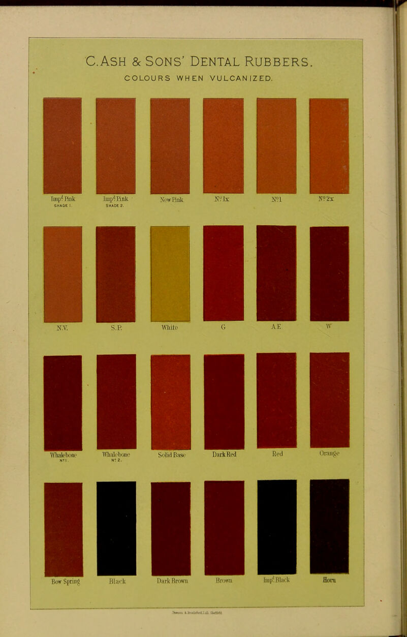 cash & Sons' Dental rubbers. COLOURS WHEN VULCANIZED.