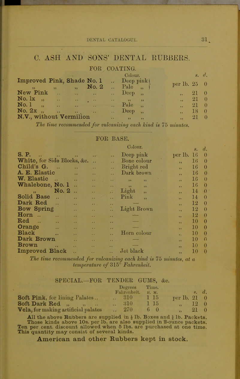 C. ASH AND SONS' DENTAL RUBBERS. FOR COATING. Colour. s. d. Improved Pink, Shade No. 1 No. 2 Deep pink! . Pale „ | per lb. 25 0 New Pink Deep ,, >i 21 0 No. lx ,j 55 55 >) 21 0 No. 1 „ Pale ,, 55 21 0 No. 2x „ Deep ,, »i 18 0 N.V., without Vermilion 55 )) 55 21 0 The time recommended for vulcanizing each hind is 75 minutes. FOR BASE. Colour. s. d. S. P Deep pink per lb. 16 0 White, for Side Blocks, &c. . Bone colour 55 1(5 0 Child's G Bright red 55 16 0 A. E. Elastic Dark brown 55 16 0 W. Elastic 55 55 55 16 0 Whalebone, No. 1 .. 55 55 J) 16 0 No. 2 .. • • Light 55 14 0 Solid Base .. Pink 5) 14 0 Dark Red >> 12 0 Bow Spring Light Brown • 5 12 0 Horn .. >> 12 0 Red »5 10 0 Orange 55 10 0 Black Horn colour ■ 10 0 Dark Brown 55 10 0 Brown 55 10 0 Improved Black Jet black 55 10 0 The time recommended for vulcanizing each kind is 75 minutes, at a temperature o/315° Fahrenheit. SPECIAL.—FOR TENDER GUMS, &c. Degrees Time. Fahrenheit. H. M. s. d. Soft Pink, for lining Palates.. 310 115 per lb. 21 0 Soft Dark Red „ „ 310 115 „ 12 0 Vela, for making artificial palates ... 270 6 0 „ 21 0 All the above Rubbers are supplied in % lb. Boxes and | lb. Packets. Those kinds above 10s. per lb. are also supplied in 2-ounce packets. Ten per cent, discount allowed when 5 lbs. are purchased at one time. This quantity may consist of several kinds. American and other Rubbers kept in stock.
