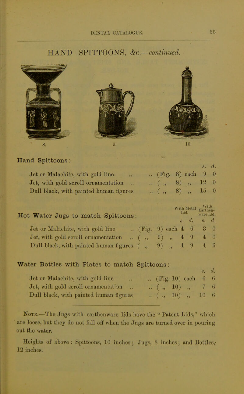 HAND SPITTOONS, &c—continued. 8. 10. Hand Spittoons: Jet or Malachite, with gold line Jet, with gold scroll ornamentation Dull black, with painted human figures s. d. (Fig. 8) each 9 0 ( „ 8) „ 12 .0 ( „ 8) „ 15 0 Hot Water Jugs to match Spittoons: With Metal Lid. With Earthen- ware Lid. S. d. S. d. Jet or Malachite, with gold line .. (Fig. 9) each 4 6 3 0 Jet, with gold scroll ornamentation .. ( „ 9) „ 4 9 4 0 Dull black, with painted human figures ( „ 9) „ 4 9 4 6 Water Bottles with Plates to match Spittoons: s. d. Jet or Malachite, with gold line .. .. (Fig. 10) each 6 6 Jet, with gold scroll ornamentation .. .. ( ,, 10) „ 7 6 Dull black, with painted human figures .. ( ,, 10) ,, 10 6 Note.—The Jugs with earthenwaro lids havo the  Patent Lids, which are loose, but they do not fall off when the Jugs aro turned over in pouring out tho water. Heights of above : Spittoons, 10 inches; Jugs, 8 inches: and Bottles,- 12 inches.