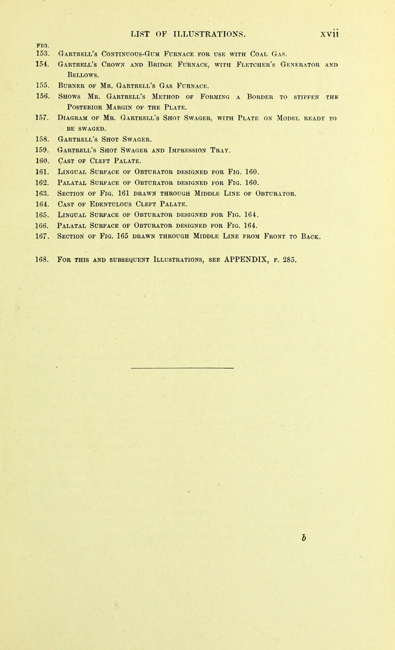 Fia. 153. Gartrell's Continuous-Gum Furnace for use with Coal Gas. 154. Gartrell's Crown and Bridge Furnace, with Fletcher's Generator and Bellows. 155. Burner of Mr. Gartrell's Gas Furnace. 156. Shows Mr. Gartrell's Method of Forming a Border to stiffen the Posterior Margin of the Plate. 157. Diagram of Mr. Gartrell's Shot Swager, with Plate on Model ready to be swaged. 158. Gartrell's Shot Swager. 159. Gartrell's Shot Swager and Impression Trat. 160. Cast of Cleft Palate. 161. Lingual Surface of Obturator designed for Fig. 160. 162. Palatal Surface of Obturator designed for Fig. 160. 163. Section of Fig. 161 drawn through Middle Line of Obturator. 164. Cast of Edentulous Cleft Palate. 165. Lingual Surface of Obturator designed for Fig. 164. 166. Palatal Surface of Obturator designed for Fig. 164. 167. Section of Fig. 165 drawn through Middle Line from Front to Back. 168. For this and subsequent Illustrations, see APPENDIX, p. 285. b