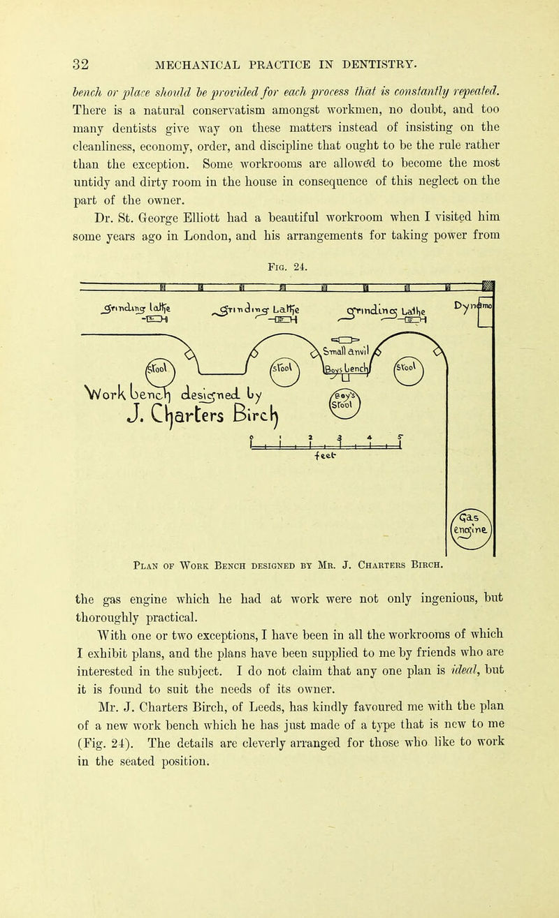 bench or place should be provided for each process that is constantly repeated. There is a natural conservatism amongst workmen, no doubt, and too many dentists give way on these matters instead of insisting on the cleanliness, economy, order, and discipline that ought to be the rule rather than the exception. Some workrooms are allowed to become the most untidy and dirty room in the house in consequence of this neglect on the part of the owner. Dr. St. George Elliott had a beautiful workroom when I visited him some years ago in London, and his arrangements for taking power from Fig. 24. Plan of Work Bench designed by Mr. J. Charters Birch. the gas engine which he had at work were not only ingenious, but thoroughly practical. With one or two exceptions, I have been in all the workrooms of which I exhibit plans, and the plans have been supplied to me by friends who are interested in the subject. I do not claim that any one plan is ideal, but it is found to suit the needs of its owner. Mr. J. Charters Birch, of Leeds, has kindly favoured me with tbe plan of a new work bench which he has just made of a type that is new to me (Fig. 24). The details are cleverly arranged for those who like to work in the seated position.
