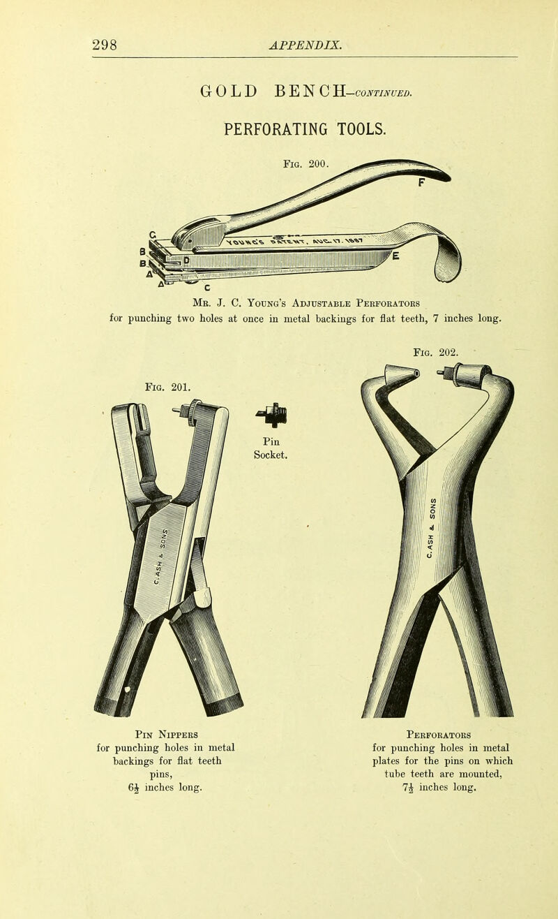 GOLD BENCH —CONTINUED. PERFORATING TOOLS. Mb. J. C. Young's Adjustable Peefoeatoes for punching two holes at once in metal backings for flat teeth, 7 inches long.