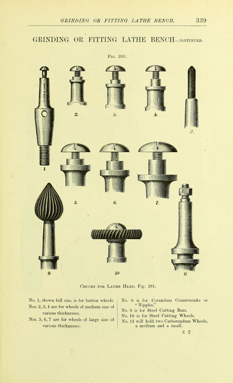 GRINDING OR FITTING LATHE BENCH-^vr™. 10 Chucks for Lathe Head, Fig. 281. No. ], shown full size, is for button wheels. Nos. 2, 3, 4 are for wheels of medium size of various thicknesses. Nos. 5, 6, 7 are for wheels of large size of various thicknesses. No. 8 is for Corundum Countersinks or  Nipples. No. 9 is for Steel Cutting Burs. No. 10 is for Steel Cutting Wheels. No. 11 will hold two Carborundum Wheels, a medium and a small. z 2