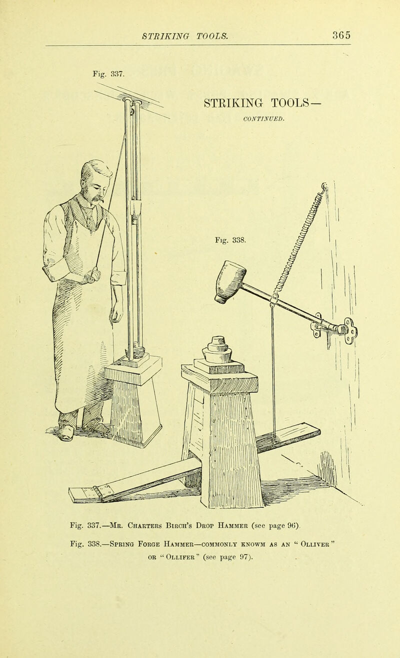 Fig. 337. Fig. 337.- Fig. 338.- —Mr. Charters Birch's Drop Hammer (see page 9(5). .—Spring Forge Hammer—commonly knowm as an  Olliver  ob  Ollifer  (see page 97).