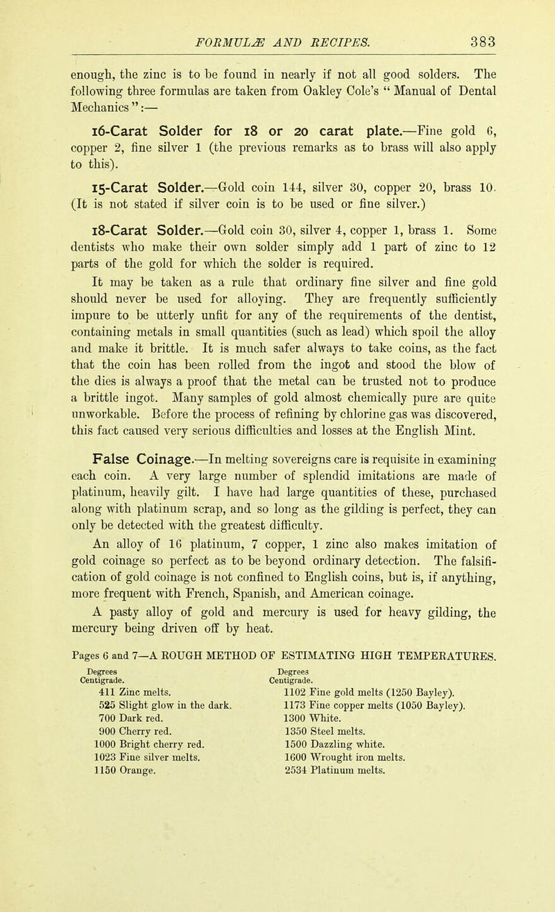 enough, the zinc is to he found in nearly if not all good solders. The following three formulas are taken from Oakley Cole's  Manual of Dental Mechanics :— 16-Carat Solder for 18 or 20 carat plate.—Fine gold 6, copper 2, fine silver 1 (the previous remarks as to brass will also apply to this). 15-Carat Solder.—Gold coin 144, silver 30, copper 20, brass 10. (It is not stated if silver coin is to be used or fine silver.) 18-Carat Solder.—Gold coin 30, silver 4, copper 1, brass 1. Some dentists who make their own solder simply add 1 part of zinc to 12 parts of the gold for which the solder is required. It may be taken as a rule that ordinary fine silver and fine gold should never be used for alloying. They are frequently sufficiently impure to be utterly unfit for any of the requirements of the dentist, containing metals in small quantities (such as lead) which spoil the alloy and make it brittle. It is much safer always to take coins, as the fact that the coin has been rolled from the ingot and stood the blow of the dies is always a proof that the metal can be trusted not to produce a brittle ingot. Many samples of gold almost chemically pure are quite unworkable. Before the process of refining by chlorine gas was discovered, this fact caused very serious difficulties and losses at the English Mint. False Coinage.—In melting sovereigns care is requisite in examining each coin. A very large number of splendid imitations are made of platinum, heavily gilt. I have had large quantities of these, purchased along with platinum scrap, and so long as the gilding is perfect, they can only be detected with the greatest difficulty. An alloy of 16 platinum, 7 copper, 1 zinc also makes imitation of gold coinage so perfect as to be beyond ordinary detection. The falsifi- cation of gold coinage is not confined to English coins, but is, if anything, more frequent with French, Spanish, and American coinage. A pasty alloy of gold and mercury is used for heavy gilding, the mercury being driven off by heat. Pages 6 and 7—A ROUGH METHOD OF ESTIMATING HIGH TEMPERATURES. Degrees Degree3 Centigrade. Centigrade. 411 Zinc melts. 1102 Fine gold melts (1250 Bayley). 525 Slight glow in the dark. 1173 Fine copper melts (1050 Bayley). 700 Dark red. 1300 White. 900 Cherry red. 1350 Steel melts. 1000 Bright cherry red. 1500 Dazzling white. 1023 Fine silver melts. 1600 Wrought iron melts. 1150 Orange. 2534 Platinum melts.