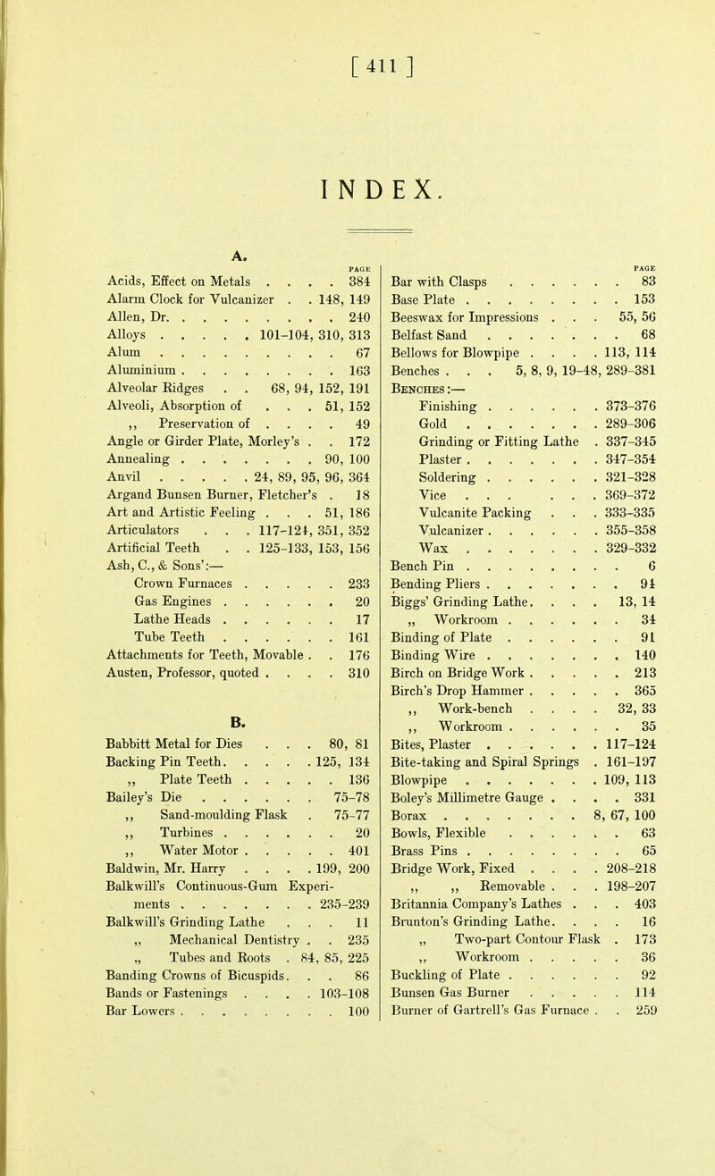 [411] INDEX. A. Acids, Effect on Metals . . . PAGE . 384 PAGE 83 Alarm Clock for Vulcanizer . 148, 149 153 Allen, Dr . 240 Beeswax for Impressions . 55, 56 310, 313 68 . 67 Bellows for Blowpipe .... 113, 114 . 163 Benches ... 5, 8, 9, 19-48, 289-381 Alveolar Kidges . . 68, 94, 152, 191 Benches :— Alveoli, Absorption of . 51, 152 373-376 ,, Preservation of . . 49 289-306 Angle or Girder Plate, Morley's . . 172 Grinding or Fitting Lathe 337-345 90, 100 Plaster 347-354 Anvil 24, 89, 95, 96, 364 321 328 Argand Bunsen Burner, Fletcher' 3 . 18 Vice ... ... 369-372 Art and Artistic Feeling . 51, 186 Vulcanite Packing 333-335 Articulators . . . 117-124, 351, 352 355-358 Artificial Teeth . . 125-133, 153, 156 Wax . . . .... 329-332 Ash, C, & Sons':— 6 . 233 94 . 20 Biersrs' Grinding; Lathe. 13, 14 . 17 34 Tube Teeth . 161 91 Attachments for Teeth, Movable . . 176 . 140 Austen, Professor, quoted . . . . 310 213 . 365 B. ,, Work-bench . . . . 32, 33 . 35 Babbitt Metal for Dies 80, 81 117-124 125, 134 Bite-taking and Spiral Springs . 161-197 „ Plate Teeth . . . . 136 109, 113 75-78 Boley's Millimetre Gauge . . 331 „ Sand-moulding Flask 75-77 , 67, 100 . 20 . 63 ,, Water Motor . . . . . 401 . 65 Baldwin, Mr. Harry . . . . 199, 200 Bridge Work, Fixed .... 208-218 Balkwill's Continuous-Gum Exp eri- ,, ,, Bemovable . 198-207 Britannia Company's Lathes . . 403 Balkwill's Grinding Lathe 11 Brunton's Grinding Lathe. 16 ,, Mechanical Dentistry . . 235 „ Two-part Contour Flask . 173 „ Tubes and Boots . 84, 85, 225 36 Banding Crowns of Bicuspids. . 86 Buckling of Plate Bands or Fastenings .... 103-108 Bunsen Gas Burner . . 114 Burner of Gartrell's Gas Furnace . . 259