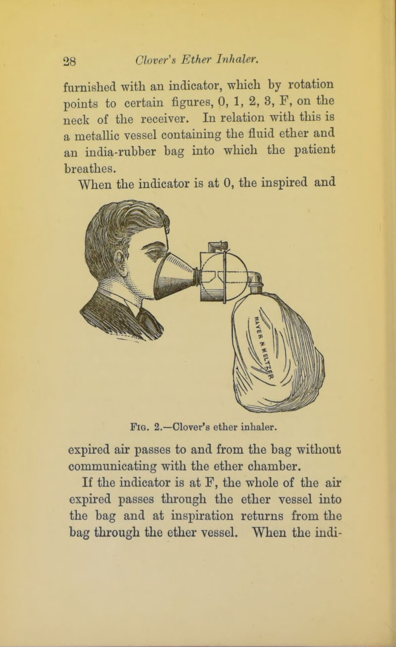 furnished with an indicator, which by rotation points to certain figures, 0, 1, 2, 3, F, on the neck of the receiver. In relation with this is a metallic vessel containing the fluid ether and an india-rubber hag into which the patient breathes. When the indicator is at 0, the inspired and Fig. 2.—Clover’s ether inhaler. expired ah' passes to and from the hag without communicating with the ether chamber. If the indicator is at F, the whole of the air expired passes through the ether vessel into the bag and at inspiration returns from the bag through the ether vessel. When the indi-