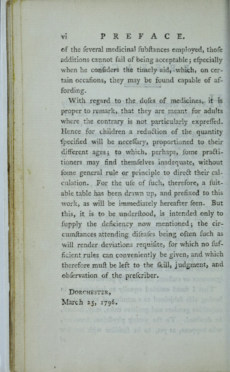 of the feveral medicinal fubftances employed, thofe additions cannot fail of being acceptable 5 efpecially when he confiders the timely aid, which, on cer- tain occafions, they may be found capable of af- fording. With regard to the dofes of medicines, it is proper to remark, that they are meant for adults where the contrary is not particularly expreffed. Hence for children a redudlion of the quantity fpecifed will be neceffary, proportioned to their different ages 5 to which, perhaps, fome pra&i- tioners may find themfelves inadequate, without fome general rule or principle to direft their cal- culation. For the ufe of fuch, therefore, a fuit- able table has been drawn up, and prefixed to this work, as will be immediately hereafter feen. But this, it is to be underftood, is intended only to fupply the deficiency now mentioned j the cir- cumftances attending difeafes being often fuch as will render deviations requilite, for which no fuf- ficient rules can conveniently be given, and which therefore muft be left to the (kill, judgment, and obfervation of the prefcriber. Dorchester, March 25, 1796.