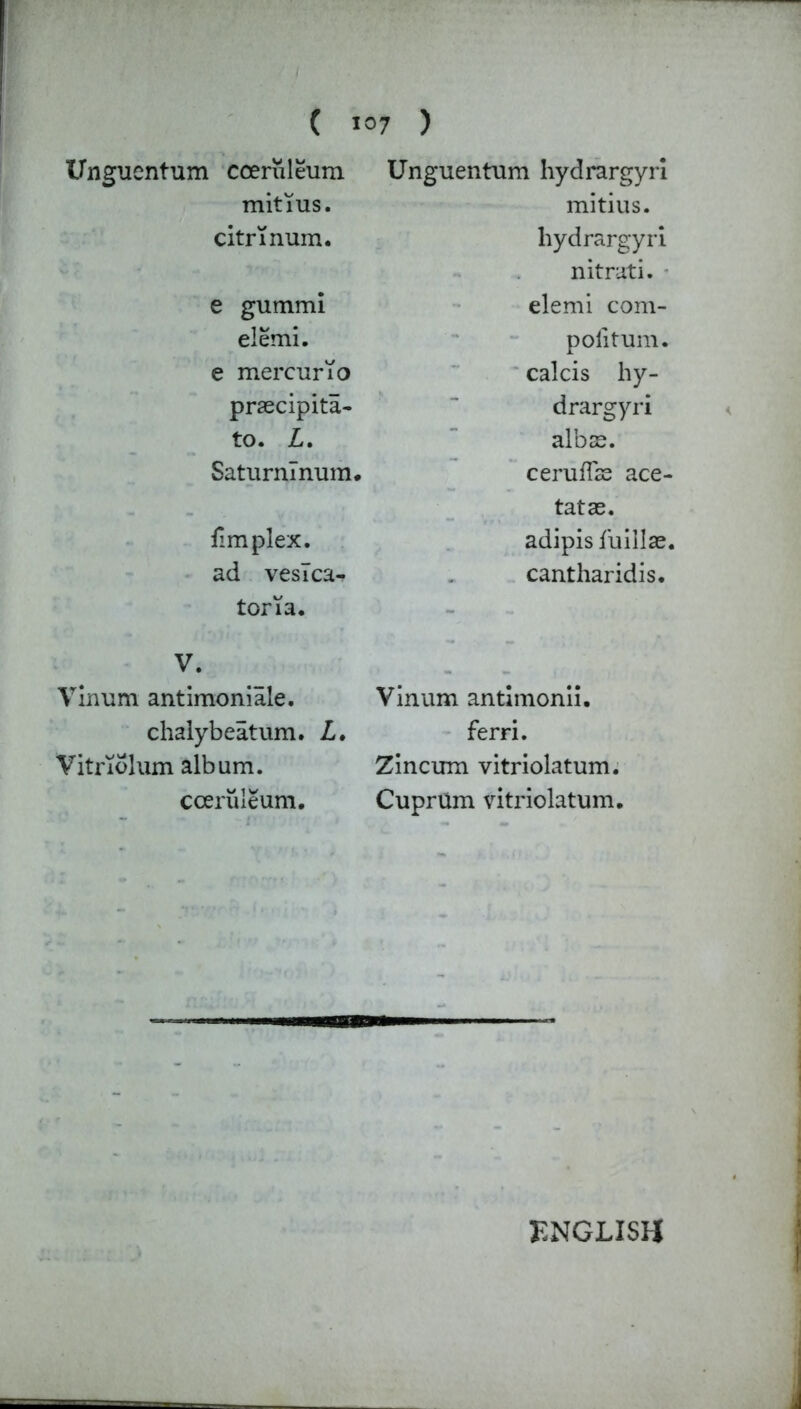 Unguentum coeruleum mitius. citrinum. e gummi elemi. e mercurYo praecipita- to. L. SaturnTnum. fimplex. ad vesica-* toria. V. Vinum antimoniale. chalybeatum. Z. Vitrlolum album. cceruleum. Unguentum hydrargyri mitius. hydrargyri nitrati. elemi com- pofitum. calcis hy- drargyri albse. cerufTae ace- tatae. adipis fuillae. cantharidis. Vinum antimonii. ferri. Zincum vitriolatum. CuprUm vitriolatum. ENGLISH