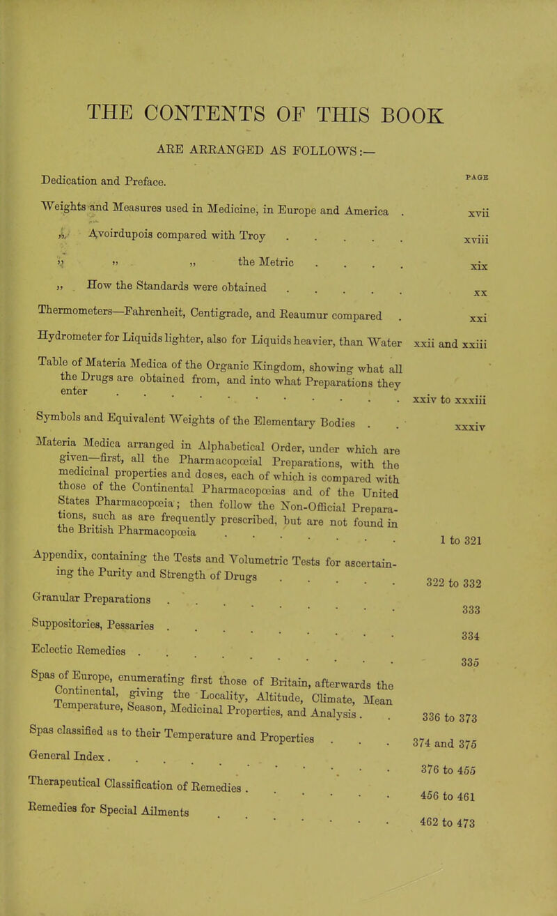 THE CONTENTS OF THIS BOOK AEE ARRANGED AS FOLLOWS:— Dedication and Preface. Weights and Measures used in Medicine, in Europe and America „ Avoirdupois compared with Troy .... » » i, the Metric „ How the Standards were obtained Thermometers—Fahrenheit, Centigrade, and Eeaumur compared Hydrometer for Liquids lighter, also for Liquids heavier, than Water Table of Materia Medica of the Organic Kingdom, showing what all the Drugs are obtained from, and into what Preparations they enter . , Symbols and Equivalent Weights of the Elementary Bodies Materia Medica arranged in Alphabetical Order, under which are given-first, all the Pharmacopceial Preparations, with the medicinal properties and doses, each of which is compared with those of the Continental Pharmacopoeias and of the United States Pharmacopoeia ; then follow the Non-Official Prepara- tion^ such as are frequently prescribed, but are not found in tne .British Pharmacopoeia Appendix, containing the Tests and Volumetric Tests for ascertain- ing the Purity and Strength of Drugs Granular Preparations . Suppositories, Pessaries . Eclectic Eemedies . Spas of Europe, enumerating first those of Britain, afterwards the tTZ^' L°Cality' Altitude' Clima^ Mean Temperature, Season, Medicinal Properties, and Analysis . Spas classified as to their Temperature and Properties General Index. Therapeutical Classification of Remedies . Remedies for Special Ailments PAGE xvii xviii xix XX xxi xxii and xxiii xxiv to xxxiii xxxiv 1 to 321 322 to 332 333 334 335 336 to 373 374 and 375 376 to 455 456 to 461 462 to 473