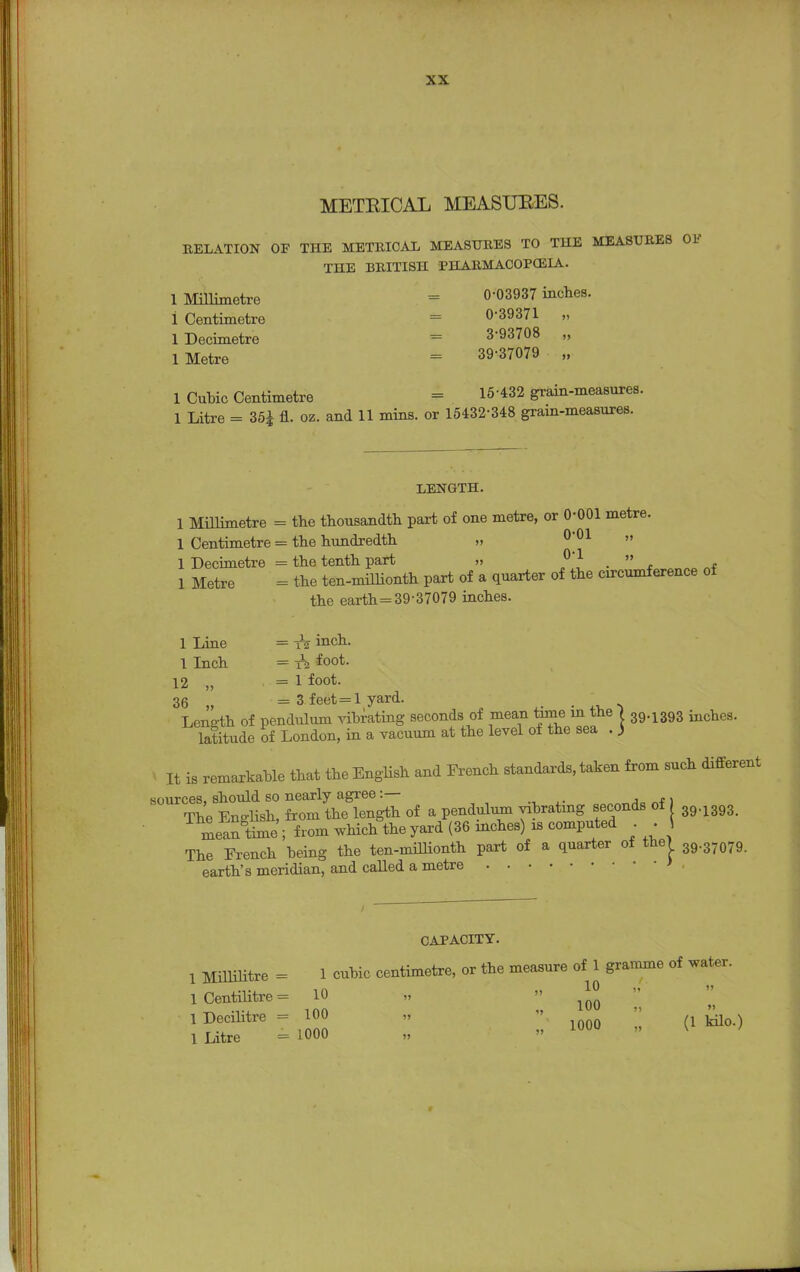 METEICAL MEASURES. RELATION OF THE METRICAL MEASURES TO THE MEASURES THE BRITISH PHARMACOPEIA. 1 Millimetre = 0*03937 inches, i Centimetre = 0-39371 „ 1 Decimetre = 3-93708 „ 1 Metre = 39-37079 „ 1 Cubic Centimetre 15-«2 grain-measures. 1 Litre = 35£ fl. oz. and 11 mins. or 15432-348 grain-measures. LENGTH. 1 Millimetre = the thousandth part of one metre, or 0-001 metre. 1 Centimetre = the hundredth 0-01 » 1 Decimetre = the tenth part °-1 . » 1 Metre = the ten-millionth part of a quarter of the circumference of the earth= 39-37079 inches. 1 2 1 — 12 = -^ inch, foot. 1 foot. = 3 feet=1 yard. Length of pendulum vibrating seconds of mean time in the J 39.1393 inches. latitude of London, in a vacuum at the level of the sea . J 1 Line 1 Inch 12 „ 36 It is remarkable that the English and French standards, taken from such different sources, should so nearly agree:— aanmAanf) The English, from the length of a pendulum vibrating seconds of 39.1393< meanCe ; from which the yard (36 inches) is computed . . \ The French being the ten-millionth part of a quarter of the) 39.37079. earth's meridian, and called a metre CAPACITY. 1 Millilitre = 1 cubic centimetre, or the measure of 1 gramme of water. 1 Centilitre = 10 » » m 1 Decihtre = 100 „ »  (1 1 Litre = 1000 „ » » V