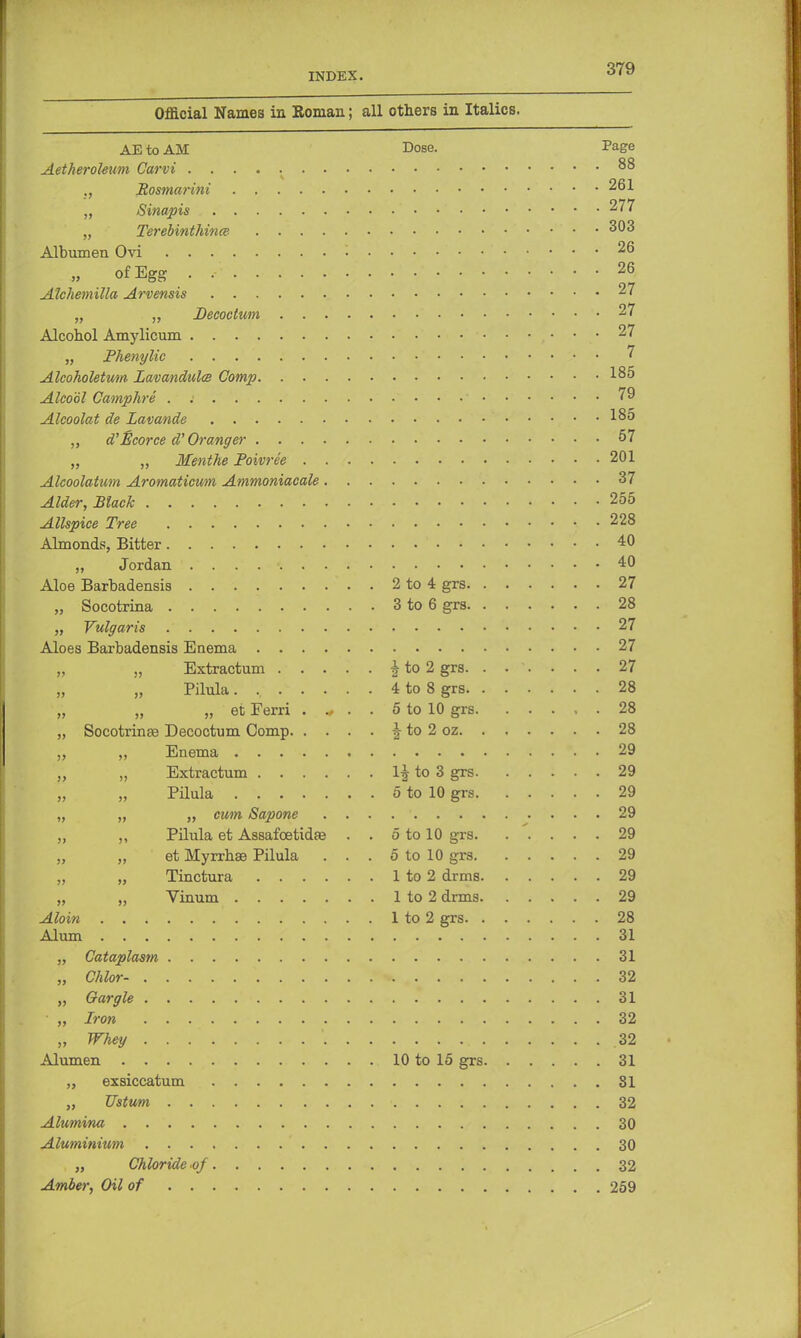 Official Names in Roman; all others in Italics. AE to AM Dose. Page AetheroUum Carvi 88 ., Eosmarini 261 „ Sinapis • *' 277 „ Terebinthina 303 Albumen Ovi 26 of Egg . ,*' 26 Alchemilla Arvensis ■, 27 „ „ Decoctum 27 Alcohol Amylicum 27 „ Phenylic -......>. 7 Alcoholetmn Lavandula Comp 185 Alco'61 Camphre . : ' 79 Alcoolat de Lavande 185 „ d'Mcorce d' Oranger 57 „ „ Menthe Poivree 201 Alcoolatum Aromaticum Ammoniacale 37 Alder, Black 255 Allspice Tree 228 Almonds, Bitter 40 „ Jordan 40 Aloe Barhadensis 2 to 4 grs 27 „ Socotrina 3 to 6 grs 28 „ Vulgaris 27 Aloes Barbadensis Enema 27 „ „ Extractum £ to 2 grs. ...... 27 Pilula. 4 to 8 grs 28 „ „ „ et Ferri 5 to 10 grs. ..... 28 „ Socotrinse Decoctum Comp J to 2 oz 28 „ „ Enema 29 „ „ Extractum 1^ to 3 grs 29 Pilula 5 to 10 grs 29 „ „ „ cum Sapone . . . 29 „ ,, Pilula et Assafoetidfe . . 5 to 10 grs 29 „ „ et Myrrhae Pilula . . . 5 to 10 grs 29 „ „ Tinctura 1 to 2 drms 29 „ „ Vinum 1 to 2 drms 29 Aloin 1 to 2 grs 28 Alum 31 „ Cataplasm 31 „ Chlor- 32 „ Gargle 31 „ Iron 32 „ Whey 32 Alumen 10 to 15 grs 31 „ exsiccatum 81 „ Ustum • 32 Alumina 30 Aluminium 30 „ Chloride -of 32 Amber, Oil of 259