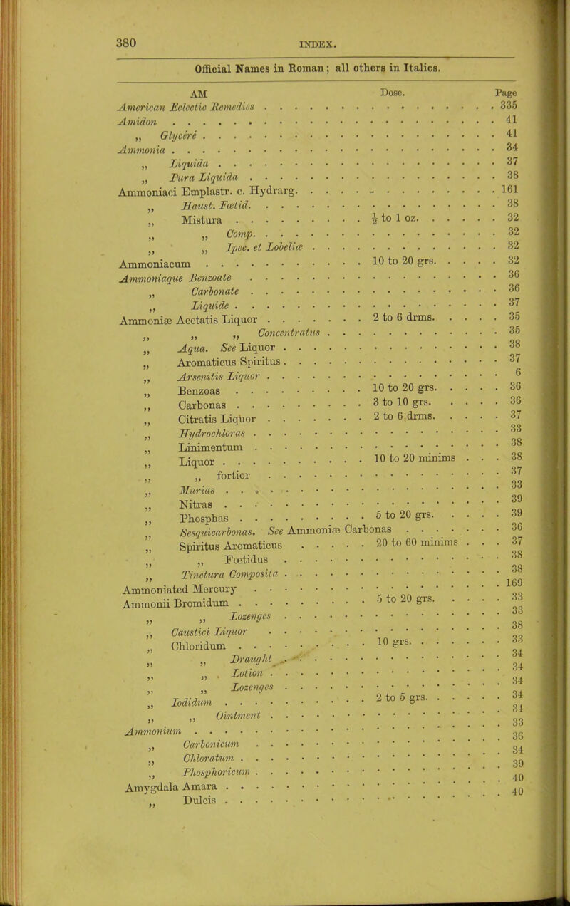 Official Names in Roman; all others in Italics. AM Dose. Page American Eclectic Remedies 335 Amidon 41 „ Qlycere . . . . 41 Ammonia «>4 „ Liquida 37 „ Fura Liquida 38 Ammoniaci Emplastr. c. Hydrarg - 161 Jffaust. Foetid 38 Mistura J to 1 Oz 32 „ Comp 32 „ Ipee. et Lobelia; 32 Ammoniacum 10 to 20 grs 32 Ammoniaque Benzoate 36 Carbonate 36 Liquide 37 Ammonia? Acetatis Liquor 2 to 6 drms 35 Concentratus 35 „ Aqua. See Liquor 00 Aromaticus Spiritus 37 n >» » r „ Arsenitis Liquor Benzoas 10 to 20 grs 36 Carbonas 3 to 10 grs 36 Citratis Liquor 2 to 6 drms 37 „ FEydrochloras 00 „ Linimentum °3 Liquor 10 to 20 minims ... 38 „ fortior 37 33 „ Murias ' Nitras ?3 Phosphas 5 to 20 grs 39 Sesquicarbonas. See Ammonia? Carbonas 36 Spiritus Aromaticus 20 to 60 minims ... 37  Foetidus 38 Tinctura Composita 169 Ammoniated Mercury AmmoniiBromidum 5 to 20 grs 33 „ „ Lozenges ^ ,, Caustici Liquor „ Chloridum 10SrsJ! Fraught ^ >, • z°tion 34 Lozenges • • „ Iodidum 1 • • 2 to 5 grs 34 „ Ointment 33 Ammonium gg „ (Jarbonieum ^ M Chloratum ^ „ Fhosphoricum 4Q Amygdala Amara .„