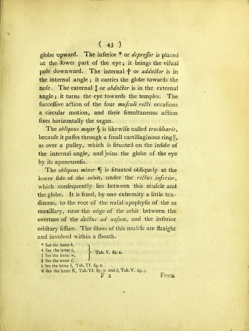 V globe upward. The inferior * or deprejfor is placed at the lower part of the eye; it brings the vifual pole downward. The internal ^ or adduBor is in the internal angle j it carries the globe towards the nofe. The external J or abditBor is in the external angle ; it turns the eye towards the temples. The fucceflive adtion of the four mufculi reBi occafions a circular motion, and their fimultaneous adtion fixes horizontally the organ. The obliquus major § is likewife called trochlearis, becaufe itpaffes through a fmall cartillaginous ring||, as over a pulley, which is fituated on the infide of the internal angle, and joins the globe of the eye by its aponeurolis. The obliquus minor is fituated obliquely at the lower fide of the orbit, under the reBus inferior, which confequently lies between this mufcle and the globe. It is fixed, by one extremity a little ten- dinous, to the root of the nafal apophylis of the os maxillary, near the edge of the orbit between the overture of the duBus ad nafum, and the inferior orbitary fiifure. The fibres of this mufcle are ftraight and involved within a fheatfu * See the letter b, t See the letter i, X See the letter m, 5 See the letter /, H See the letter I, Tzb. VI. Tab. V. fig. 2. fig. i. f See the letter K, Tab. VI. fig. i. and dt Tab. V. fig-5. E 2 4 From