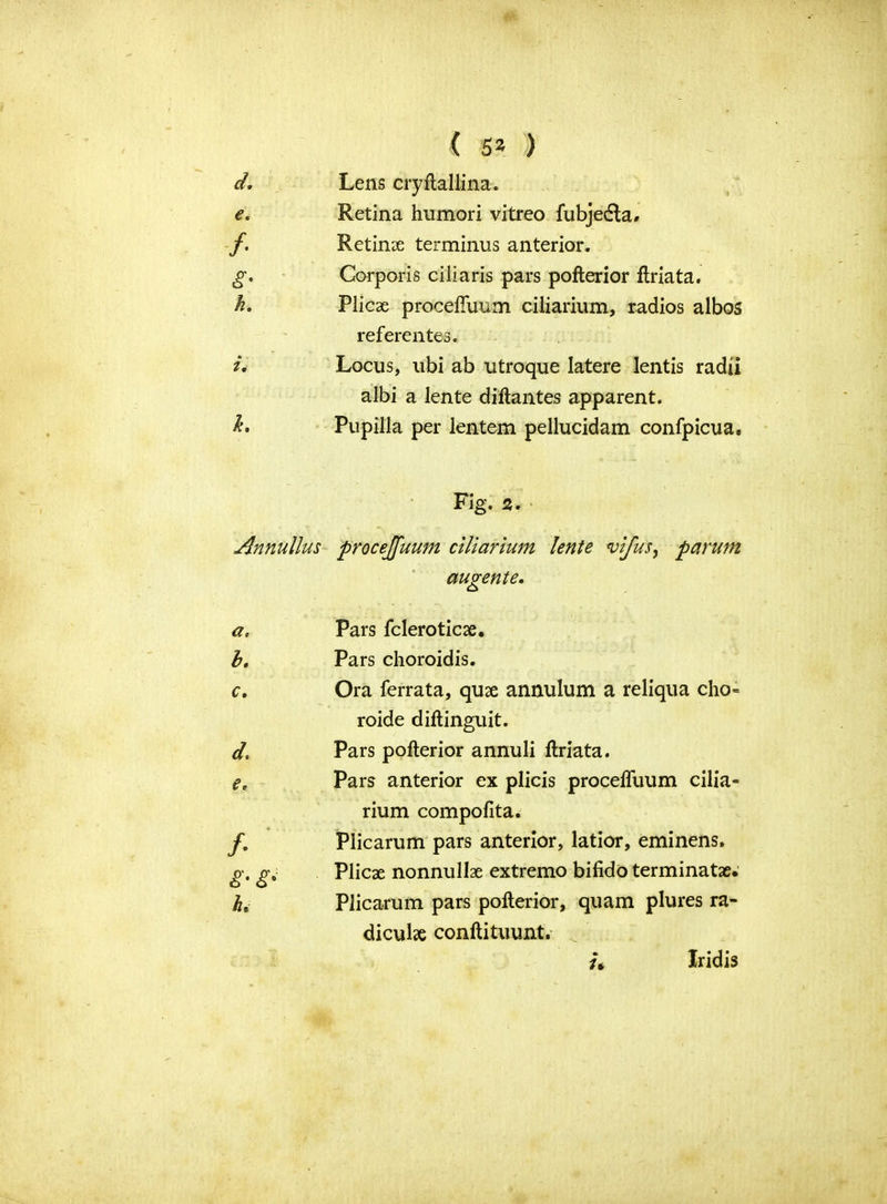 d. Lens cryftallina. €. Retina humori vitreo fubjedla. / Retinae terminus anterior. £• Corporis ciliaris pars pofterior ftriata. L Plicae proceftuum ciiiarium, radios albos referentes. i. Locus, ubi ab utroque latere lentis radii albi a lente diftantes apparent. h Pupilla per lentem pellucidam confpicua. - -- Fig. 2. Annullus procejfuum ciiiarium lente vifus, parum augente. d e Pars fcleroticae. b. Pars choroidis. C. Ora ferrata, quae annulum a reliqua cho= roide diftinguit. d. Pars pofterior annuli ftriata. €e Pars anterior ex plicis proceftuum cilia- rium compofita. Plicarum pars anterior, latior, eminens. £’• £• Plicae nonnullae extremo bifido terminate. L Plicarum pars pofterior, quam plures ra- diculae conftituunt. /* Xridis