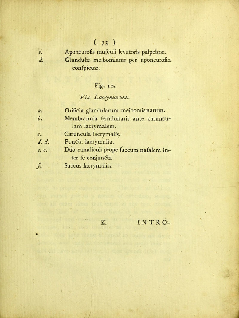 p ( 73 ) v y„ Aponeurofis mufculi levatoris palpebrae* Jt Glandule meibomianse per aponeurofia confpicuas. Fig. io. Via Lactymarum*. a. Orificia glandularum meibomianarum. b. Membranula femilunaris ante caruncu- lam lacrymalem. c. Garuncula lacrymalis. d. d. Pundla lacrymalia. e. Duo canaliculi prope faccum nafalem in- ter fe conjundti. /• Saccus lacrymalis». K INTR O »