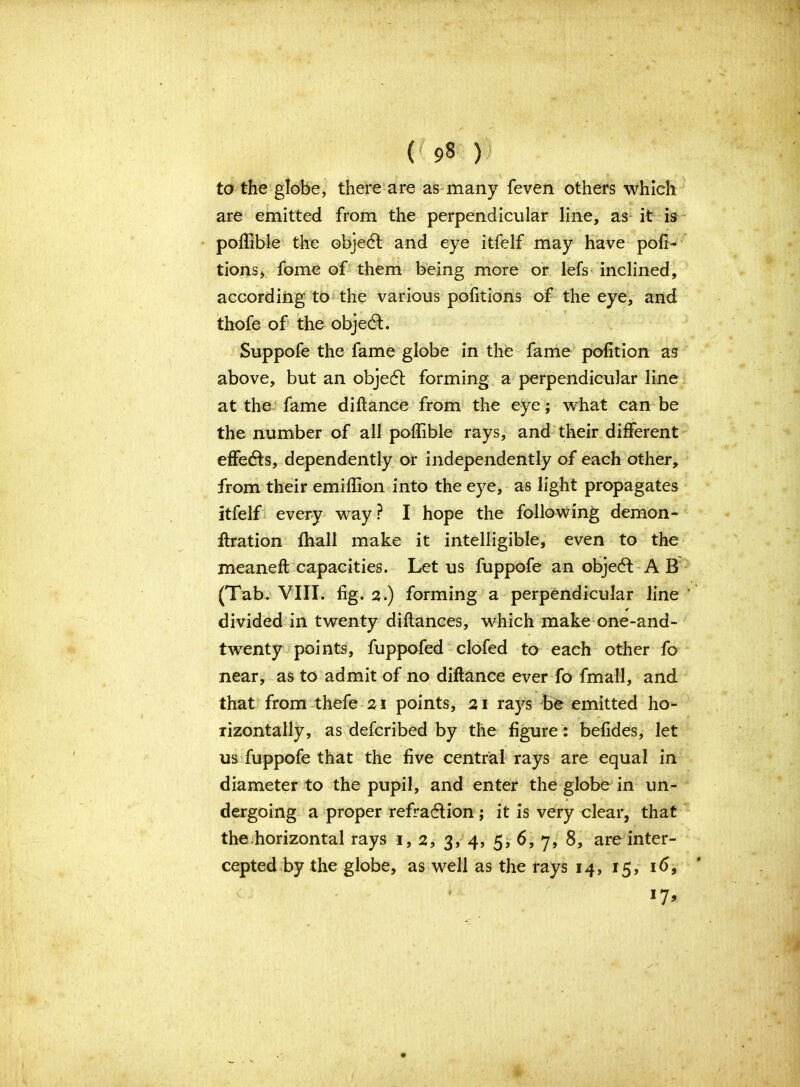 to the globe, there are as many feven others which are emitted from the perpendicular line, as it is poflible the objeCt and eye itfelf may have por- tions, fome of them being more or lefs inclined, according to the various pofitions of the eye, and thofe of the objedl. Suppofe the fame globe in the fame pofition as above, but an objeCt forming a perpendicular line at the fame diftance from the eye; what can be the number of all poflible rays, and their different effetffs, dependently or independently of each other, from their emiflion into the eye, as light propagates itfelf every way ? I hope the following demon- ffration fhall make it intelligible, even to the meaneft capacities. Let us fuppofe an objeCt A B (Tab. VIII. fig. 2.) forming a perpendicular line * divided in twenty diftances, which make one-and- twenty points, fuppofed clofed to each other fo near, as to admit of no diftance ever fo fmall, and that from thefe 21 points, 21 rays be emitted ho- rizontally, as defcribed by the figure: befides, let us fuppofe that the five central rays are equal in diameter to the pupil, and enter the globe in un- dergoing a proper refraction; it is very clear, that the.horizontal rays 1,2, 3, 4, 5, 6, 7, 8, are inter- cepted by the globe, as well as the rays 14, 15, 16,