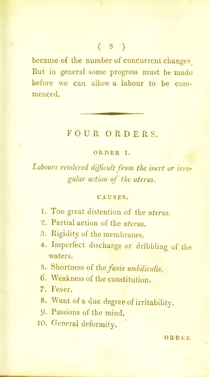 ( 5 ) because of the number of concurrent changes o « But in genera] some progress must be made before we can allow a labour to be com- menced. FOUR ORDERS. ORDER I. Labours rendered difficult from the inert or irre- gular action of the uterus. CAUSES. 1. Too great distention of the uterus. 2. Partial action of the uterus. 3. Rigidity of the membranes. 4. Imperfect discharge or dribbling of the waters. 5. Shortness of the funis umbilicalis. 6. Weakness of the constitution. 7- Fever. 8. Want of a due degree of irritability, y. Passions of the mind. 10. General deformity. O It'D L R