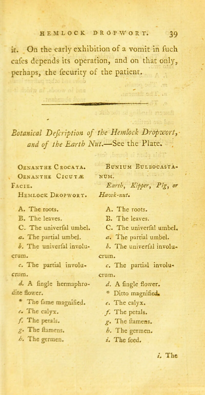 it. On the early exhibition of a vomit in fuch cafes depends its operation, and on that only, perhaps, the fecurity of the patient. Botanical Description of the Hemlock Dropwort,- and of the Earth Nut.—See the Plate. Oenanthe Crocata. Oenasthe Cicut^e Facie. Hemlock Dropvvort. A. The roots. B. The leaves. C. The univerfal umbel. a. The partial umbel. b. The univerfal involu- crum. c. The partial involu- cnim. d. A fingle hermaphro- dite flower. * The fame magnified. e. The calyx. f. The petals. g. The ftamens. h. The germen. Bunium Bulbocasta- KUM. Earth, Kipper, Pig, or Hawk-nut. A. The roots. B. The leaves. C. The univerfal umbel. a. The partial umbel. 1. The univerfal involu- crum. c. The partial involu- crum. d. A fingle flower. * Ditto magnified. e. The calyx. f. The petals. g. The flamens. h. The germen. i. The feed. /. The
