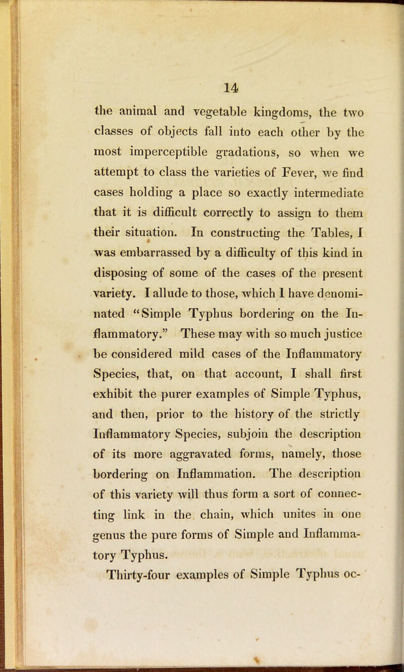 the animal and vegetable kingdoms, the two classes of objects fall into each other by the most imperceptible gradations, so when we attempt to class the varieties of Fever, we find cases holding a place so exactly intermediate that it is difficult correctly to assign to them their situation. In constructing the Tables, I was embarrassed by a difficulty of this kind in disposing of some of the cases of the present variety. I allude to those, which 1 have denomi- nated “Simple Typhus bordering on the In- flammatory.” These may with so much justice be considered mild cases of the Inflammatory Species, that, on that account, I shall first exhibit the purer examples of Simple Typhus, and then, prior to the history of the strictly Inflammatory Species, subjoin the description of its more aggravated forms, namely, those bordering on Inflammation. The description of this variety will thus form a sort of connec- ting link in the chain, which unites in one genus the pure forms of Simple and Inflamma- tory Typhus. Thirty-four examples of Simple Typhus oc-