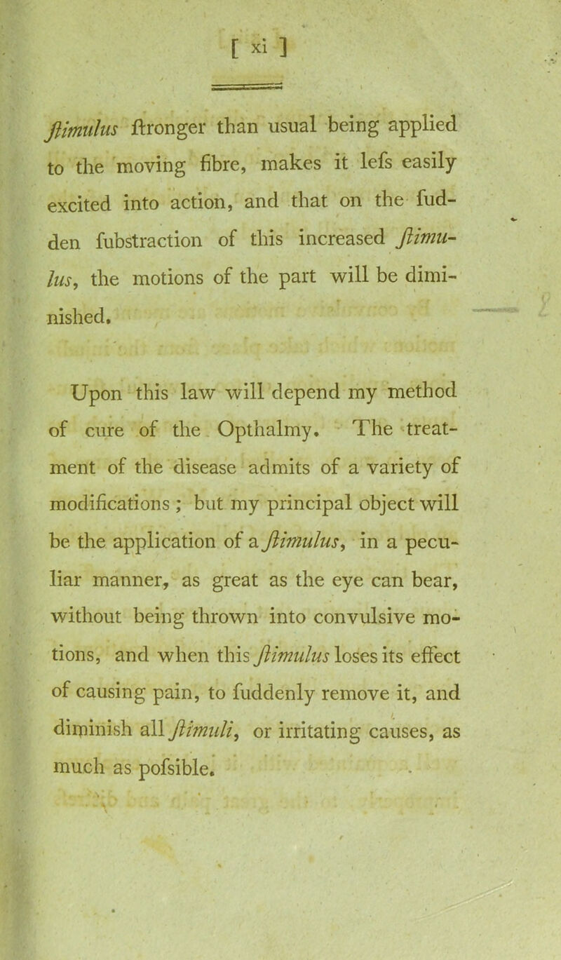 4‘ [ xi ] jlimlus ftronger than usual being applied to the moving fibre, makes it lefs easily excited into action, and that on the Hid- den fubstraction of this increased Jlimn- Ins, the motions of the part will be dimi- » * nished. • . • « * Upon this law will depend my method of cure of the Opthalmy. The treat- ment of the disease admits of a variety of modifications ; but my principal object will be the application of a Jiimulus, in a pecu- liar manner, as great as the eye can bear, without being thrown into convulsive mo- tions, and when this Jiimulus loses its effect of causing pain, to fuddenly remove it, and diminish all ftimuli, or irritating causes, as * much as pofsible. > r. - - A1T A