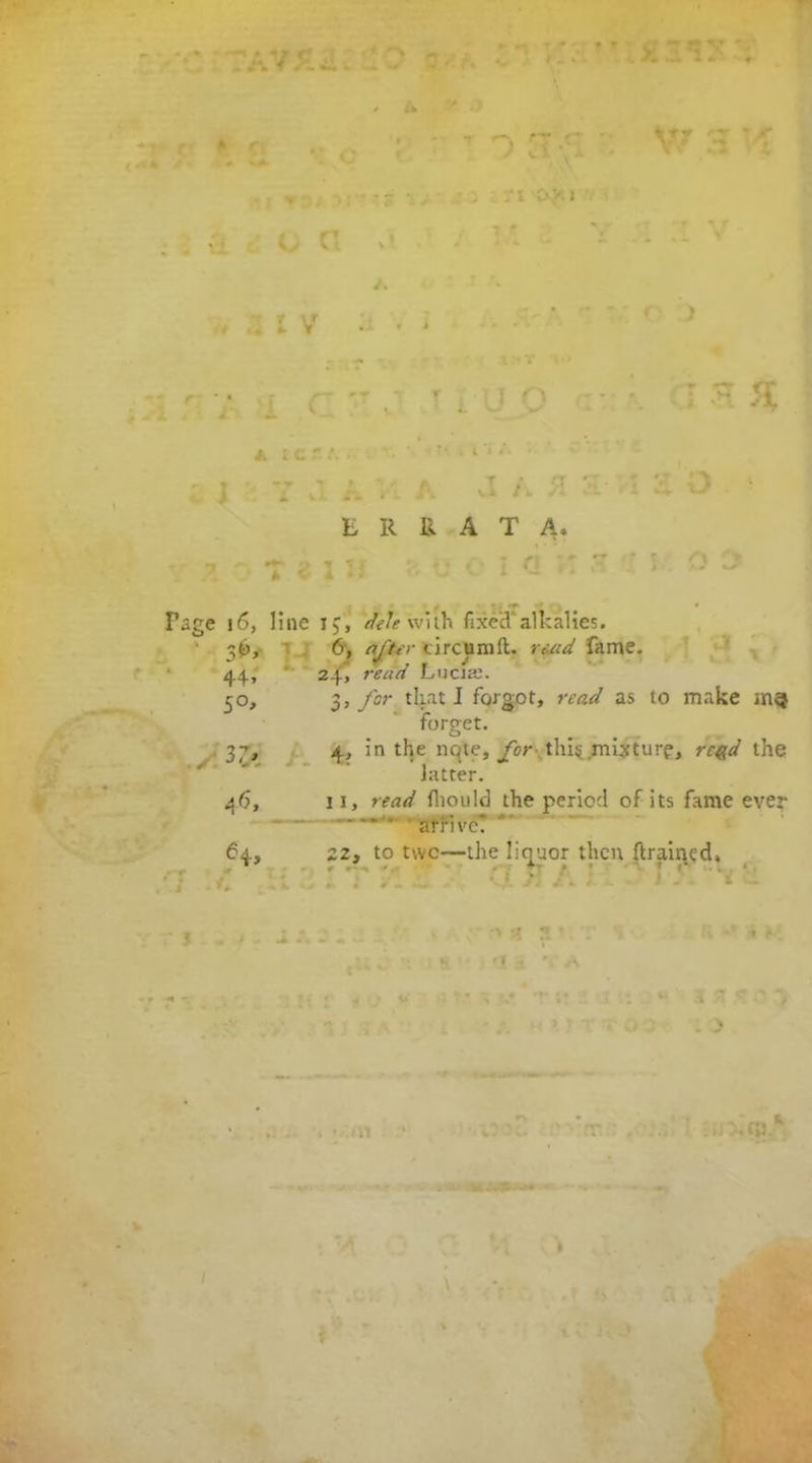 f U«f ~f ' * Page 16, line 1$, aW'with fixed alkalies. 36, 6, q/?ar tire urn ft. rwd fame. 44, 24, read Luclae. 5°> 3, for that I forgot, read as to make forget. 37, 4, in the nqte, /or thi$ mixture, rc^d the ' 'latter. 46, 11, read fliould the period of its fame ever 'iprmff'-;—*— 64, zz3 to two—the liquor then (trained, •'7* / * . • * ,* I - i ~ * M • .«* * V IVI IV %* • t ( ^