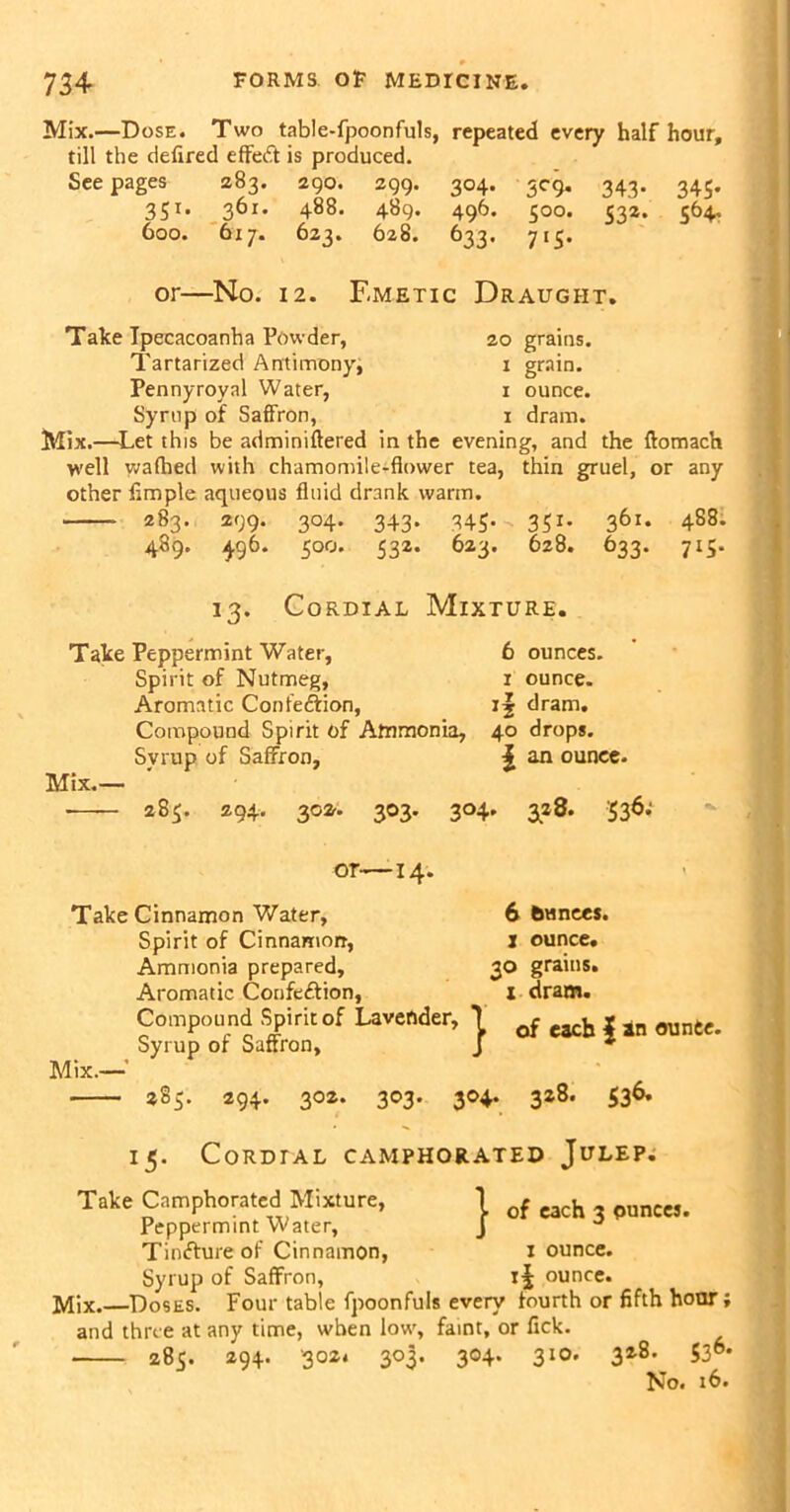 Mix.—Dose. Two table-fpoonfuls, repeated every half hour, till the defired effedt is produced. See pages 283. 290. 299. 304. 3C9. 343. 345. 351. 361. 488. 489. 496. 500. 532. 564. 600. 617. 623. 628. 633. 715. or—No. 12. Emetic Draught. Take Ipecacoanha Powder, 20 grains. Tartarized Antimony, x grain. Pennyroyal Water, 1 ounce. Syrup of Saffron, 1 dram. Mix.—Let this be adminiftered in the evening, and the fiomach well waffled with chamomile-flower tea, thin gruel, or any other Ample aqueous fluid drank warm. 283. 299. 304. 343. 345. 351. 361. 488. 489. 4.96. 500. 532. 623. 628. 633. 715. 13. Cordial Mixture. Take Peppermint Water, Spirit of Nutmeg, Aromatic Confe&ion, Compound Spirit of Ammonia, Syrup of Saffron, Mix.— 6 ounces. 1 ounce. 1 j dram. 40 drops. \ an ounce. 285. 294. 302. 303. 304. 328. 536; or- •14- Take Cinnamon Water, Spirit of Cinnamon, Ammonia prepared. Aromatic Confedfion, 6 btmees. j ounce. 30 grains. 1 dram. Mix.—' Compound Spirit of Lavender, ] ^ cacb x an ounec. Syrup of Saffron, j * 283. 294. 302. 303. 304. 328. 536. 15. Cordial camphorated Julep. Take Camphorated Mixture, 1 of Mch ounccs. Peppermint Water, J Tindfure of Cinnamon, 1 ounce. Syrup of Saffron, i§ ounce. Mix.—Doses. Four table fpoonfuls every fourth or fifth hoar; and three at any time, when low, faint, or lick. 285. 294. '302. 303. 304. 310. 328. 530. No. 16.