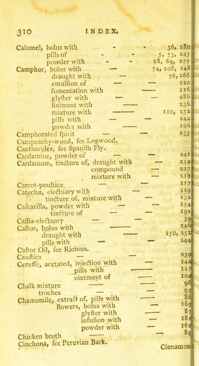 3io Calomel, bolus with pills of powder with - - Camphor, bolus with — draught with — emulfion of — fomentation with glyfter with — liniment with mixture with pills with — powder with Camphorated fpirit — Campeachy-wood, fee Logwood. Cantharides, fee Spanifh Fly. Cardamine, powder of — Cardamom, tincture of, draught with compound 36, 280 5> 73> *45 28, 69, 277 74, 208, 248 76,266 — 220 — I l6 — 286 236 no, 252 244 106 235 Carrot-poultice Catechu, electuary with tindture of, mixture with Cafcarilla, powder with — tindture of — Caflia-eledtuary — Caftor, bolus with * draught with pills with — Caftor Oil, fee Ricinus. _ Cauftics T • • Cerufie, acetated, injection with pills with ointment of mixture with — 241 214 227 2x9 117 129 132 154 39 246 250, 231 244 239 142 127 104 Chalk mixture troches Chamomile, extra# of, pills with flowers, bolus with glyfter with infufion with powder with Chicken broth Cinchona, fee Peruvian Bark. 96 95 86 169 87 18 162 — 89 Cinnamon