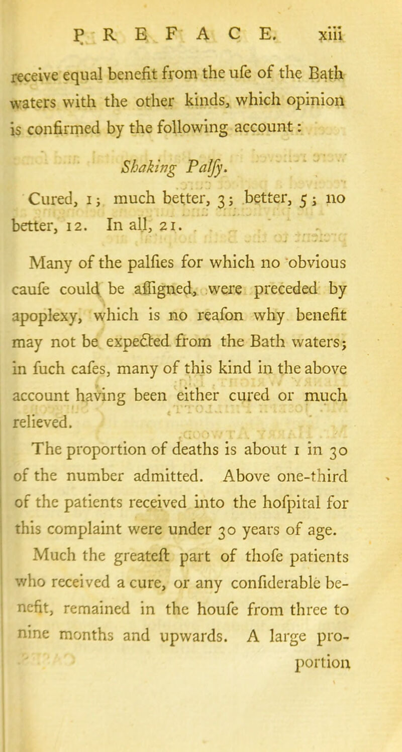 receive equal benefit from the ufe of the Bath waters with the other kinds, which opinion is confirmed by the following account: Shaking Pa/Jy. Cured, i; much better, 3; better, 5 ; no better, 12. In all, 21. Many of the palfies for which no obvious caufe could be afligned, were preceded by apoplexy, which is no reafon why benefit may not be expected from the Bath waters; in fuch cafes, many of this kind in the above account having been either cured or much relieved. ,c:.V! T . Y ; 1 The proportion of deaths is about 1 in 30 of the number admitted. Above one-third of the patients received into the hofpital for this complaint were under 30 years of age. Much the greatefi: part of thofe patients who received a cure, or any confiderable be- nefit, remained in the houfe from three to nine months and upwards. A large pro- portion