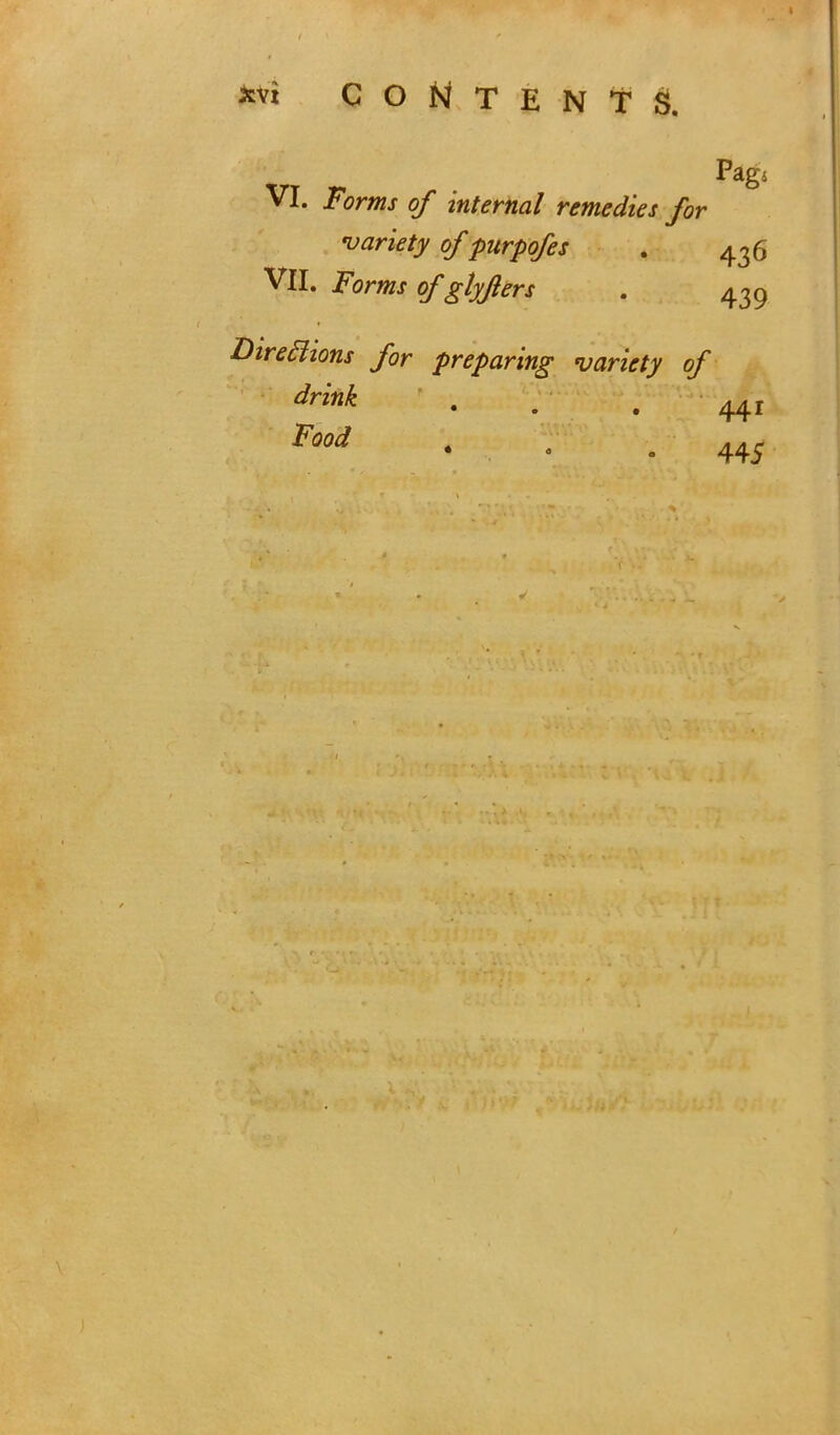 Pagi VI. Forms of internal remedies for variety of purpofes . 436 VII. Forms of glyfers . 439 Direclions for preparing variety of drink ' • . . 441 ^0d * \ . 445