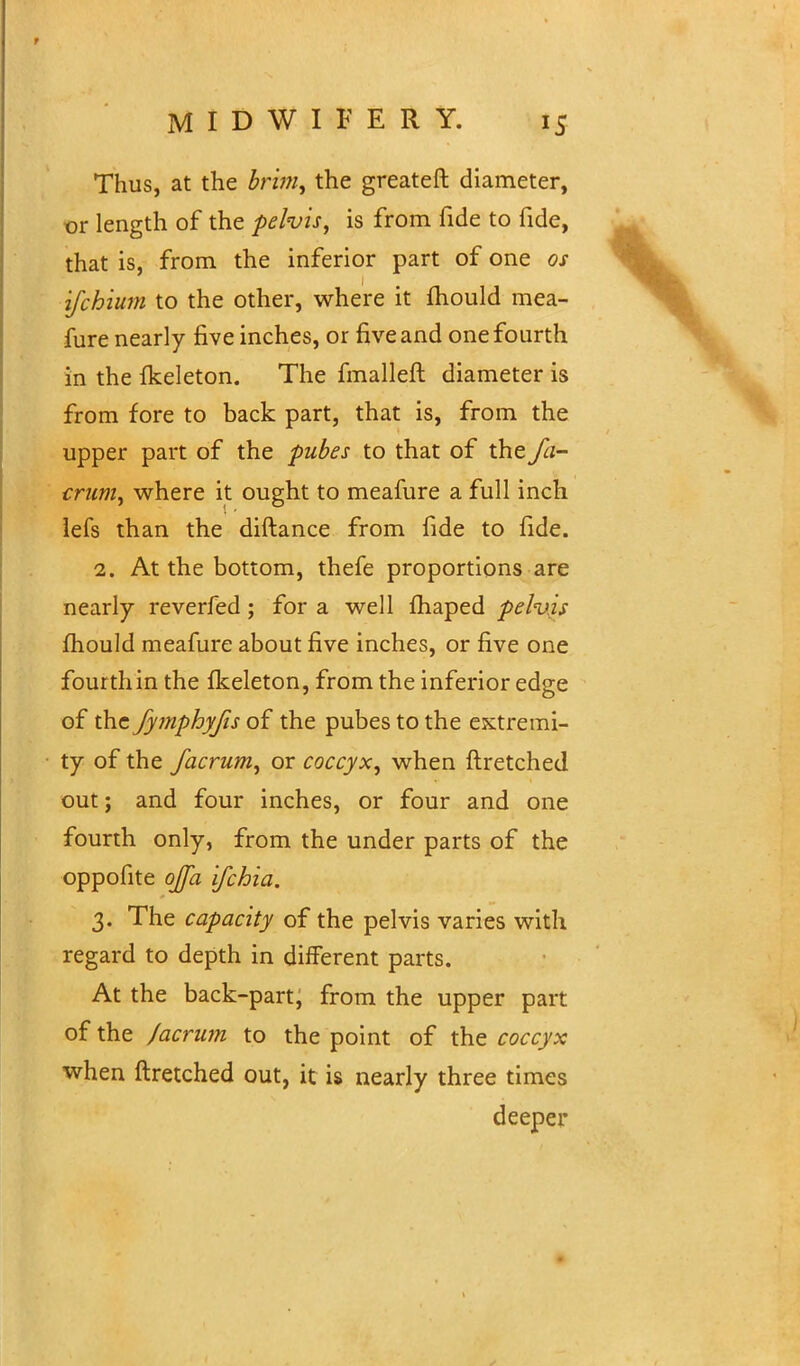 Thus, at the brim, the greateft diameter, or length of the pelvis, is from fide to fide, that is, from the inferior part of one os ifchium to the other, where it mould mea- fure nearly five inches, or five and one fourth in the ikeleton. The fmalleft diameter is from fore to back part, that is, from the upper part of the pubes to that of the fa- crum, where it ought to meafure a full inch lefs than the diftance from fide to fide. 2. At the bottom, thefe proportions are nearly reverfed; for a well fhaped pelvis mould meafure about five inches, or five one four th in the ikeleton, from the inferior edge of the fymphyfis of the pubes to the extremi- ty of the facrum, or coccyx, when ftretched out; and four inches, or four and one fourth only, from the under parts of the oppofite ojfa ifchia. 3. The capacity of the pelvis varies with regard to depth in different parts. At the back-part, from the upper part of the Jacrum to the point of the coccyx when ftretched out, it is nearly three times deeper