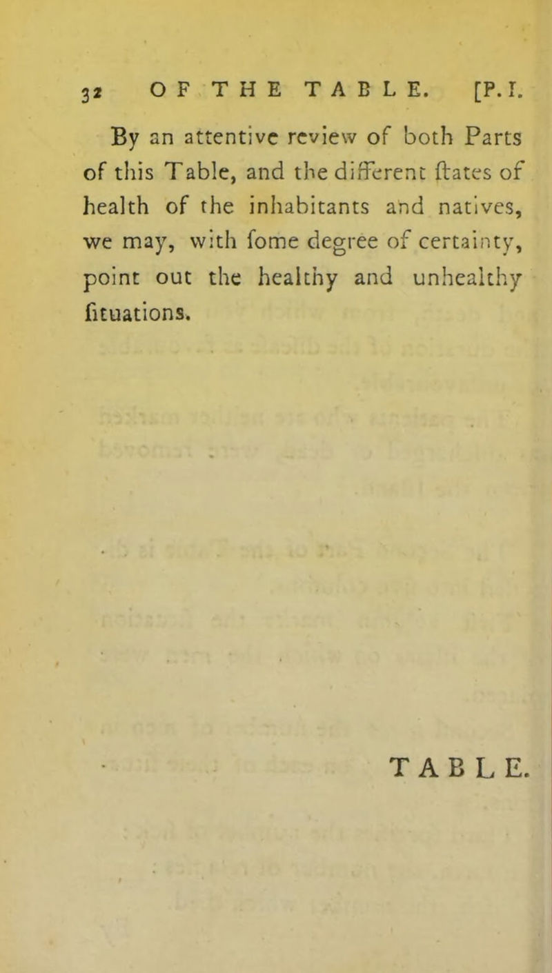 By an attentive review of both Parts of this Table, and the different ftates of health of the inhabitants and natives, we may, with fome degree of certainty, point out the healthy and unhealthy fituations. TABLE.