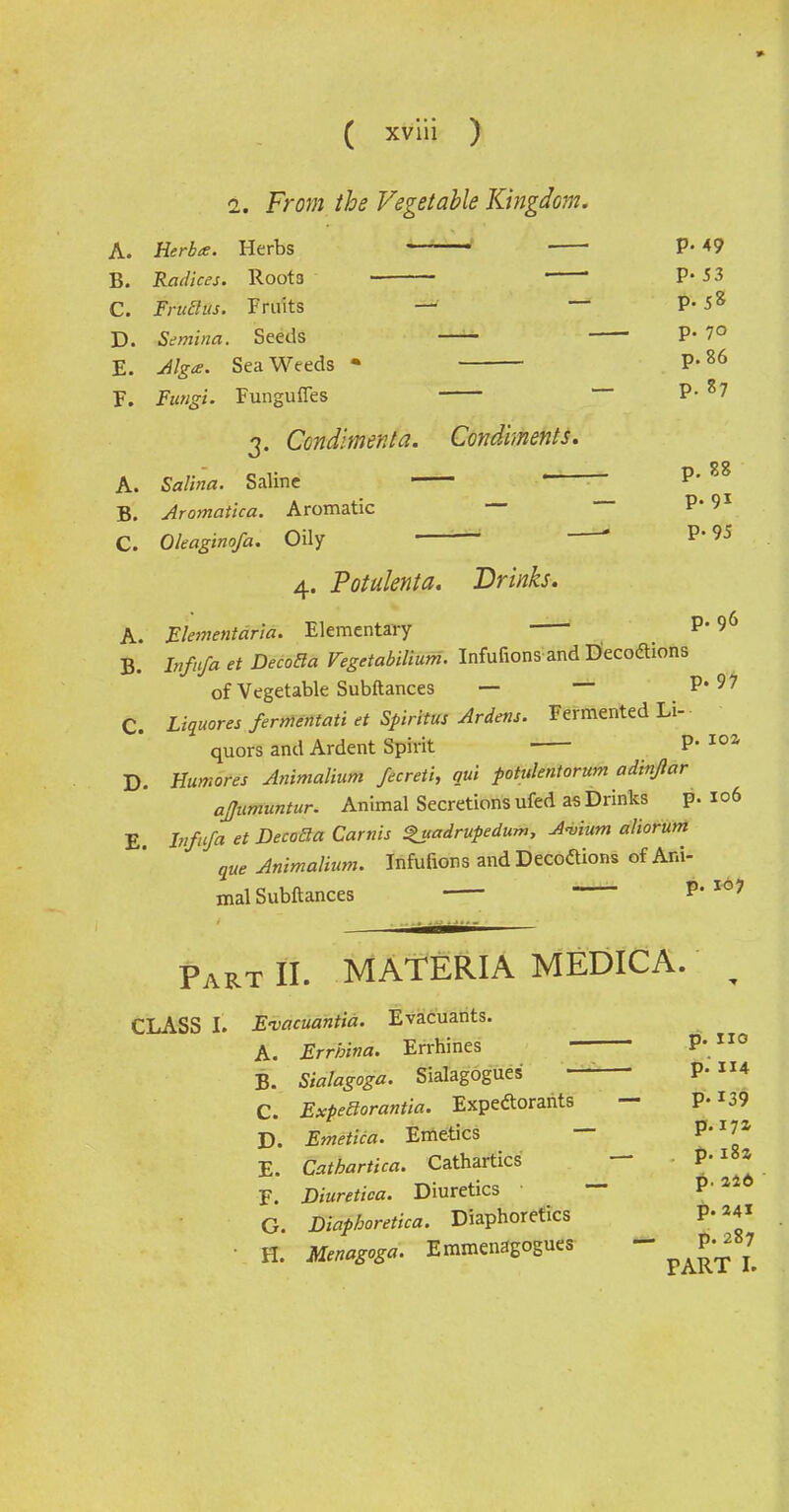 2. From the Vegetable Kingdom. A. Herb*. Herbs — ' P- *9 B. Radices. Root3 * ’ P’ 53 C. FritSus. Fruits —■ P- D. Semina. Seeds ‘ P- 70 E. Alga. SeaWeeds * p‘86 F. Fungi. Fungufles p‘ S7 j. Condiment a. Condiments. A. Salina. Saline * P' 558 B. Aromatica. Aromatic C. Oleaginofa. Oily “ ' P‘ 9j 4. Potulenta. Frinks. A. Flementdria. Elementary _ p*96 B. Infufa et Decofta Vegetabilium. Infufions and Decodtions of Vegetable Subftances — — P* 97 C. Liquores fermentati et Spiritus Ardens. Fermented Li- quors and Ardent Spirit ~ p. 10^ D. Humores Animalium fecreti, qui potulentorum ad'tnjlar ajjumuntur. Animal Secretions ufed as Drinks p. 106 E Infufa et jDecoBa Carnis ^uadrupedum, A<vium aliorum que Animalium. Infufions and Decoftions of Ani- mal Subftances P-I07 Part II. MATERIA MEDICA. _ CLASS I. F-vacuantia. Evacuants. A. Errhina. Errhines B. Sialagoga. Sialagogues — p‘ 114 C. ExpeEtorantia. Expedtorants •— P* r39 X). Emetica. Emetics p‘ 7 E. Cathartica. Cathartics — P * F. Diuretica. Diuretics G. Diaphoretica. Diaphoretics P* ■ n. nows*- Emmeiingogues “ P-«»