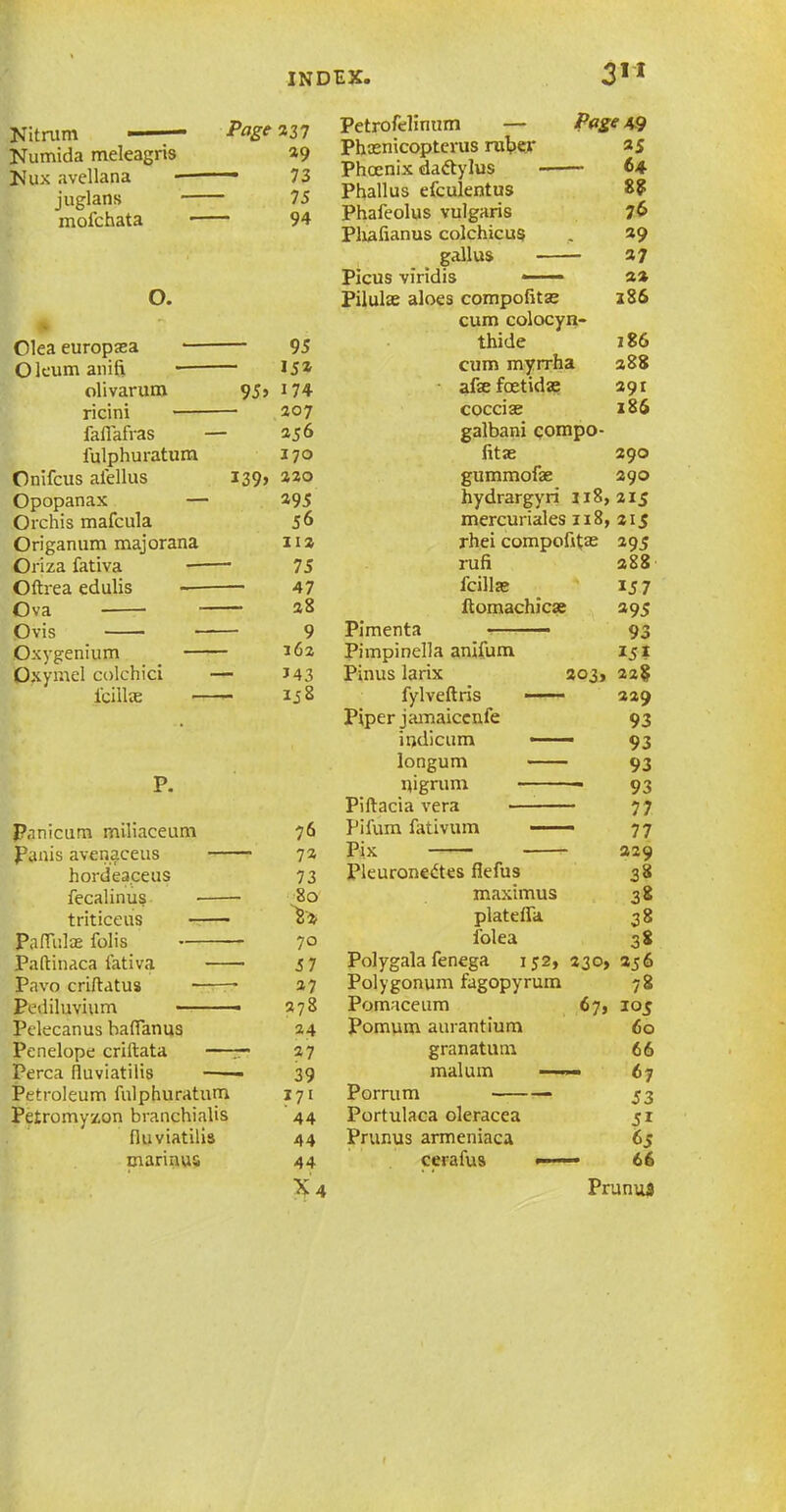 Kitrum ■ Numida meleagris Nux avcllana juglans mofchata O. Olea europasa Oleum anifi olivarum Page 237 29 — 73 75 94 9J> ncim fafiafras fulphuratum Onifcus alellus Opopanax — Orchis mafcula Origanum majorana Oriza fativa — Oftrea edulis — Ova Ovis - Oxygenium — Oxymel colchici i'ciilre — 139> 95 15* 174 207 256 170 220 495 56 112 75 47 28 9 162 *43 158 Petrofelinum — Page 49 Phcenicoptcvus ruber 25 Phoenix dadtylus 64 Phallus efculentus 88 Phafeolus vulgaris 76 Phafianus colchicus , *9 gallus 37 Picus viridis — — 2» Pilulae aloes compofitas 186 cum colocyn- thide 186 cum myrrha 288 afefeetidae 291 cocciae 186 galbani compo- fitae 290 gummofas 290 hydrargyri 118,2x5 mereuriales 118, 215 rhei compofxtas 295 rufi fcillaj ftomachicae Pimenta Pimpinella anifum Pinus larix fylveftris Piper jamaicenfe iijdicum longum pigrum Piftacia vera — 203, 288 15 7 495 93 15? 228 229 93 93 93 93 77 Panicum miliaceum 76 Pifum fativum 77 Panis avenaceus 72 Fix 229 hordeaceus 73 Pleuronedtes fiefus 38 fecalinus 80 maximus 38 triticeus platdTa 38 PafTulae folis 70 folea 38 Paftinaca fativa 57 Polygala fenega 152, 230, 256 Pavo criftatus ——• 27 Polygonum fagopyrum 78 Pediluvium - 278 Pomace um 305 Pelecanus bafianus 24 Pomum aurantium 60 Penelope criftata —r* 27 granatum 66 Perea fluviatilis —— 39 malum —— 67 Petroleum fulphuratum 171 Porrum — 53 Petromyzon branchialis 44 Portulaca oleracea 51 fluviatilis 44 Prur.us armeniaca 65 marinus 44 cerafus •— - 66 X4 Prunufl