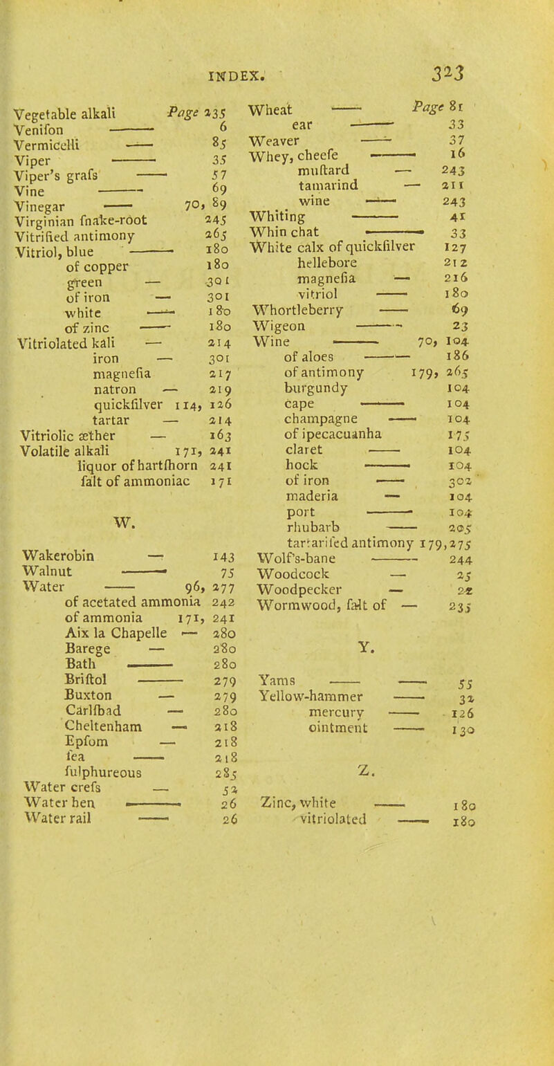 3*3 Vegetable alkali Page 233 Venifon 6 Vermicelli —— 83 Viper 35 Viper’s grafs 5 7 Vine 69 Vinegar 7°> ^9 Virginian fnake-root 245 Vitrified antimony 265 Vitriol, blue *8° of copper 180 green — 3Q1 of iron — 3°i white ■—18c> of zinc 180 Vitriolated kali •— 214 iron — 301 magnefia 217 natron ■— 219 quickfilver 114, 126 tartar — 214 Vitriolic tether — 163 Volatile alkali 171,241 liquor ofhartfborn 241 fait of ammoniac j 71 W. Wakerobin — 143 Walnut — 75 Water 96, 277 of acetated ammonia 242 of ammonia 171, 241 Aix la Chapelle -— 280 Barege — 280 Bath — 280 Briftol 279 Buxton — 279 Carlfbad — 280 Cheltenham — 218 Epfom — 218 lea 218 fulphureous 283 Water crefs —. 33 Water hen . 26 Water rail * 26 Wheat Pag, f 8r ear 33 Weaver 37 Whey, cheefe 16 muftard — 243 tamarind —• 211 wine —-— 243 Whiting 41 Whin chat • 33 White calx of quickfilver 127 hellebore 2! 2 magnefia — 216 vitriol 1 80 Whortleberry 69 Wigeon — 23 Wine 7°» 104 of aloes 186 of antimony 179, 265 burgundy 104 cape ■ ■ - IO4 champagne IO4 of ipecacuanha 175 claret IO4 hock IO4 of iron —— 302 maderia — 104 port 104- rhubarb 203 tartariled antimony 179 '.275 Wolf’s-bane 244 Woodcock —■ 2 5 Woodpecker — 2* Wormwood, fait of — 235 Y. Yams • 55 Yellow-hammer 32 mercury 126 ointment 130 z. Zinc, white 1 80 •vitriolated 180