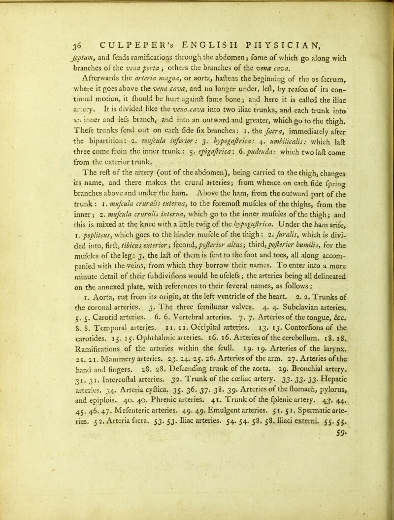 Jeptum, and fends ramifications through the abdomen; fome of which go along with branches of the vena porta ; others the branches of the vena cava. Afterwards the arteria magna, or aorta, haftens the beginning of the os facrum, where it goes above the vena cava, and no longer under, left, by reafon of its con- tinual motion, it fhould be hurt againft fome bone; and here it is called the iliac artery. It is divided like the vena cava into two iliac trunks, and each trunk into an inner and lefs branch, and into an outward and greater, which go to the thigh. Thefe trunks fend out on each fide fix branches: i. the Jacra, immediately after the bipartition: a. mujcula inferior: 3. hypogajtrica: 4. umbilicalis: which laft three come from the inner trunk : 5. epigajlrica: 6.pudenda: which two laft come from the exterior trunk. The reft of the artery (out of the abdomen), being carried to the thigh, changes its name, and there makes the crural arteries; from whence on each fide fpring branches above and under the ham. Above the ham, from the outward part of the trunk : 1. mujcula cruralijr externa, to the foremoft mufcles of the thighs, from the inner; 2. mujcula cruralis interna, which go to the inner mufcles of the thigh; and this is mixed at the knee with a little twig of the hypogajlrica. Under the ham arife, 1. popliteus, which goes to the hinder mufcle of the thigh : 2. Juralisy which is divi- ded into, firft, tibicus exterior; fecond, pofierior alt us; third, pofterior humilis, for the mufcles of the leg: 3. the laft of them is fent to the foot and toes, all along accom- panied with the veins, from which they borrow their names. To enter into a more minute detail of their fubdivifions would be ufelefs; the arteries being all delineated on the annexed plate, with references to their feveral names, as follows : 1. Aorta, cut from its origin, at the left ventricle of the heart. 2. 2. Trunks of the coronal arteries. 3. The three femilunar valves. 4. 4. Subclavian arteries. 5. 5. Carotid arteries. 6. 6. Vertebral arteries. 7. 7. Arteries of the tongue, &c. 8. 8. Temporal arteries. 11. 11. Occipital arteries. 13. 13. Contorfions of the carotides. 15. 15. Ophthalmic arteries. 16. 16. Arteries of the cerebellum. 18.18. Ramifications of the arteries within the fcull. 19. 19. Arteries of the larynx. 21. 21. Mammery arteries. 23. 24. 25. 26. Arteries of the arm. 27. Arteries of the hand and fingers. 28. 28. Defcending trunk of the aorta. 29. Bronchial artery. 31. 31. Intercoftal arteries. 32. Trunk of the cceliac artery. 33. 33. 33. Hepatic arteries. 34. Arteria cyftica. 35. 36. 37. 38. 39. Arteries of the ftomach, pylorus, and epiplois. 40. 40. Phrenic arteries. 41. Trunk of the fplenic artery. 43. 44. 45. 46. 47. Mefenteric arteries. 49. 49. Emulgent arteries, 51. 51. Spermatic arte- ries. 5 2. Arteria facra. 53. 53. Iliac arteries. 54. 54. 58, 58. Iliad externi. 55. 55. 59•