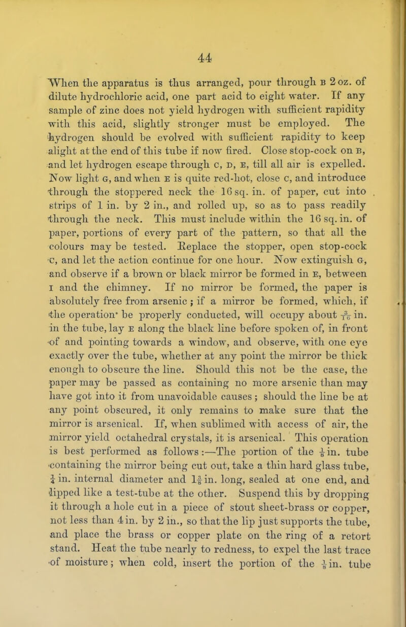 When tlie apparatus is thus arranged, pour through b 2oz. of dilute hydrochloric acid, one part acid to eight water. If any sample of zinc does not yield hydrogen with suflScient rapidity with this acid, slightly stronger must be employed. The ■hydrogen should be evolved with sufficient rapidity to keep alight at the end of this tube if now fired. Close stop-cock on B, and let hydrogen escape through c, v, E, till all air is expelled. Now light G, and when E is quite red-hot, close c, and introduce through the stoppered neck the 16sq. in. of paper, cut into strips of 1 in. by 2 in., and rolled up, so as to pass readily ■through the neck. This must include within the IG sq. in. of paper, portions of every part of the pattern, so that all the colours may be tested. Replace the stopper, open stop-cock •c, and let the action continue for one hour. Now extinguish G, and observe if a brown or black mirror be formed in E, between I and the chimney. If no mirror be formed, the paper is absolutely free from arsenic ; if a mirror be formed, which, if the operation* be properly conducted, will occupy about x% in. in the tube, lay E along the black line before spoken of, in front •of and pointing towards a window, and observe, with one eye exactly over the tube, whether at any point the mirror be thick enough to obscure the line. Should this not be the case, the paper may be passed as containing no more arsenic than may have got into it from unavoidable causes ; should the line be at any point obscured, it only remains to make sure that the mirror is arsenical. If, when sublimed with access of air, the mirror yield octahedral crystals, it is arsenical. This operation is best performed as follows:—The portion of the i in. tube ■containing the mirror being cut out, take a thin hard glass tube, Jin. internal diameter and Ifin. long, sealed at one end, and 'lipped like a test-tube at the other. Suspend this by dropping it through a hole cut in a piece of stout sheet-brass or copper, not less than 4 in. by 2 in., so that the lip just supports the tube, and place the brass or copper plate on the ring of a retort stand. Heat the tube nearly to redness, to expel the last trace •of moisture; when cold, insert the portion of the J- in. tube
