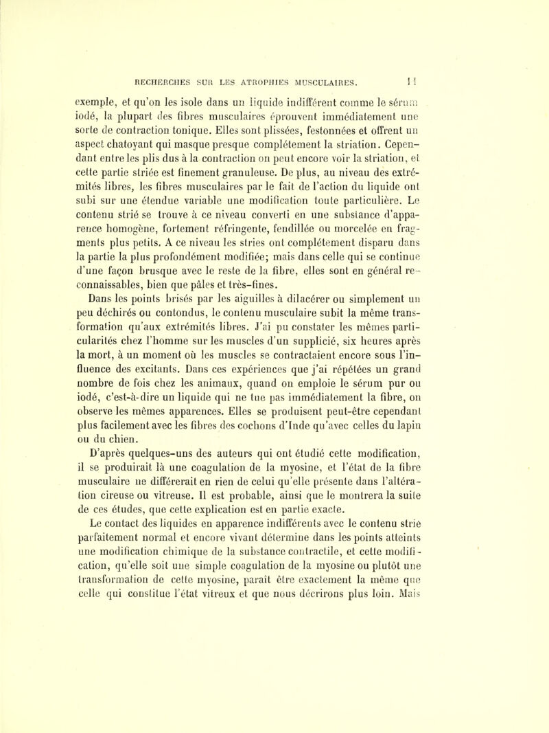 exemple, et qu'on les isole dans un liquide indifférent comme le sérum iodé, la plupart des fibres musculaires éprouvent immédiatement une sorte de contraction tonique. Elles sont plissées, festonnées et offrent un aspect chatoyant qui masque presque complètement la striation. Cepen- dant entre les plis dus à la contraction on peut encore voir la striation, et cette partie striée est finement granuleuse. De plus, au niveau des extré- mités libres, les fibres musculaires par le fait de l'action du liquide ont subi sur une étendue variable une modification toute particulière. Le contenu strié se trouve à ce niveau converti en une substance d'appa- rence homogène, fortement réfringente, fendillée ou morcelée en frag- ments plus petits, A ce niveau les stries ont complètement disparu dans la partie la plus profondément modifiée; mais dans celle qui se continue d'une façon brusque avec le reste de la fibre, elles sont en général re ~ connaissables, bien que pâles et très-fines. Dans les points brisés par les aiguilles à dilacérer ou simplement un peu déchirés ou confondus, le contenu musculaire subit la même trans- formation qu'aux extrémités libres. J'ai pu constater les mêmes parti- cularités chez l'homme sur les muscles d'un supplicié, six heures après la mort, à un moment où les muscles se contractaient encore sous l'in- fluence des excitants. Dans ces expériences que j'ai répétées un grand nombre de fois chez les animaux, quand on emploie le sérum pur ou iodé, c'est-à-dire un liquide qui ne tue pas immédiatement la fibre, on observe les mêmes apparences. Elles se produisent peut-être cependant plus facilement avec les fibres des cochons d'Inde qu'avec celles du lapin ou du chien. D'après quelques-uns des auteurs qui ont étudié cette modification, il se produirait là une coagulation de la myosine, et l'état de la fibre musculaire ne différerait en rien de celui qu'elle présente dans l'altéra- tion cireuse ou vitreuse. Il est probable, ainsi que le montrera la suite de ces études, que cette explication est en partie exacte. Le contact des liquides en apparence indifférents avec le contenu strie parfaitement normal et encore vivant détermine dans les points atteints une modification chimique de la substance contractile, et cette modifi- cation, qu'elle soit une simple coagulation de la myosine ou plutôt une transformation de cette myosine, paraît être exactement la même qi'.e celle qui constitue l'état vitreux et que nous décrirons plus loin. Mais