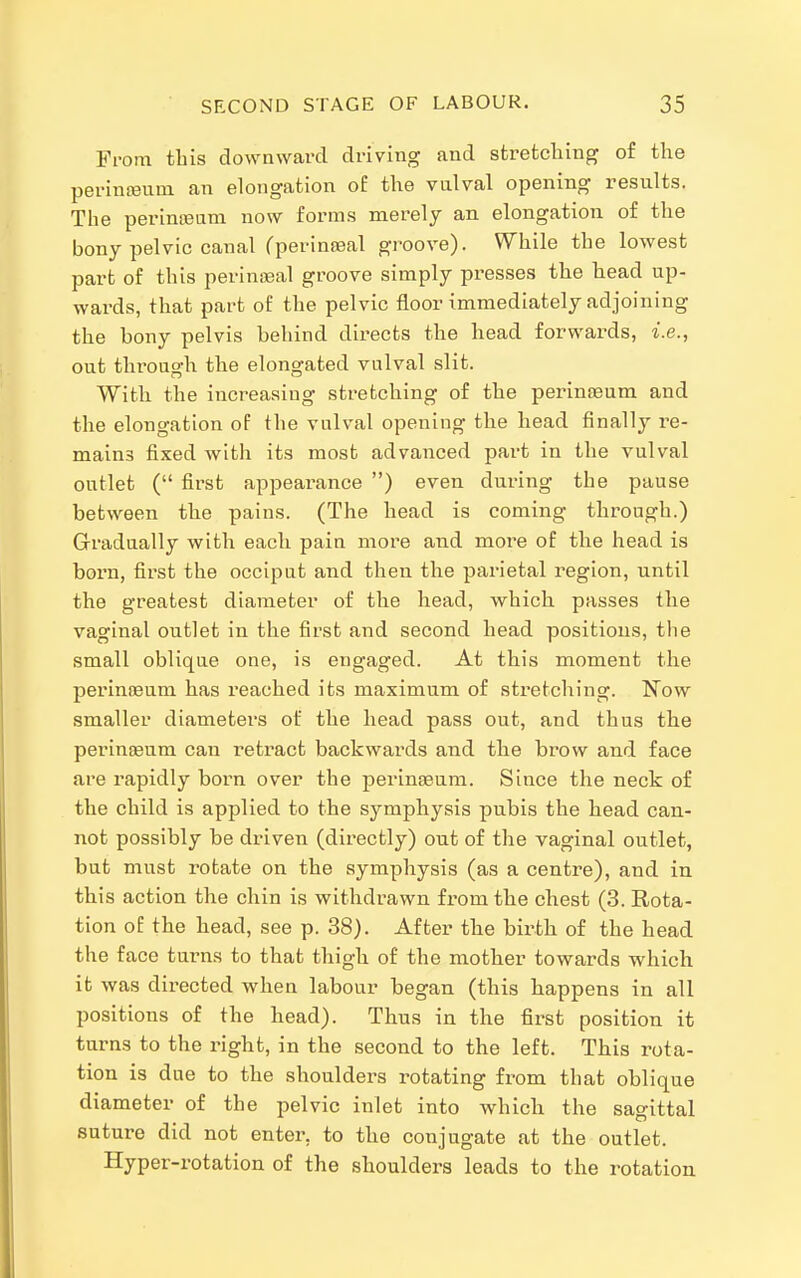 From this downward driving and stretching of the perinasum an elongation of the valval opening results. The perinteam now forms merely an elongation of the bony pelvic canal fperinseal groove). While the lowest part of this perinssal groove simply presses the head up- wards, that part of the pelvic floor immediately adjoining the bony pelvis behind directs the head forwards, i.e., out through the elongated vulval slit. With the increasing stretching of the perinteum and the elongation of the vulval opening the head finally re- mains fixed with its most advanced part in the vulval outlet ( first appearance ) even during the pause between the pains. (The head is coming through.) Gradually with each pain more and more of the head is born, first the occiput and then the parietal region, until the greatest diameter of the head, which passes the vaginal outlet in the first and second head positions, the small oblique one, is engaged. At this moment the perinjBum has reached its maximum of stretching. Now smaller diameters of the head pass out, and thus the perinsBum can retract backwards and the brow and face are rapidly born over the perinsBum. Since the neck of the child is applied to the symphysis pubis the head can- not possibly be driven (directly) out of the vaginal outlet, but must rotate on the symphysis (as a centre), and in this action the chin is withdrawn from the chest (3. Rota- tion of the head, see p. 38). After the birth of the head the face turns to that thigh of the mother towards which it was directed when labour began (this happens in all positions of the head). Thus in the first position it turns to the right, in the second to the left. This rota- tion is due to the shoulders rotating from that oblique diameter of the pelvic inlet into which the sagittal suture did not enter, to the conjugate at the outlet. Hyper-rotation of the shoulders leads to the rotation