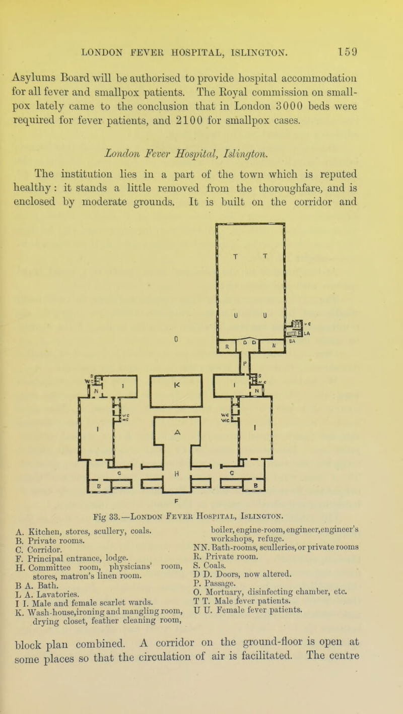 Asylums Board will be authorised to provide hospital accommodation for all fever and smallpox patients. The Eoyal conmiission on small- pox lately came to the conclusion that in London 3000 beds were required for fever patients, and 2100 for smallpox cases. London FeDer Hospital, Islington. The institution lies in a part of the town which is reputed healthy : it stands a little removed from the thoroughfare, and is enclosed by moderate grounds. It is built on the corridor and Fit? 33.—London Fevkk Hospital, Islington. A. Kitchen, stores, scullery, coals. B. Private rooms. C. Corridor. F. Principal entrance, lodge. H. Committee room, physicians' room, stores, matron's linen room. B A. Bath. L A. Lavatories. I I. Male and female scarlet wards. K. Wash-house,ironingand mangling room, drying closet, feather cleaning room, boiler, engine-room, enginecr,engineer's workshops, refuf^e. NN. Bath-rooms, sculleries, or private rooms R. Private room. S. Coals. D D. Doors, now altered, P. Passage. O. Mortuary, disinfecting chamber, etc. T T. Male fever patients. U U. Female fever patients. block plan combined. A corridor on the ground-floor is open at some places so that the circulation of air is facilitated. The centre