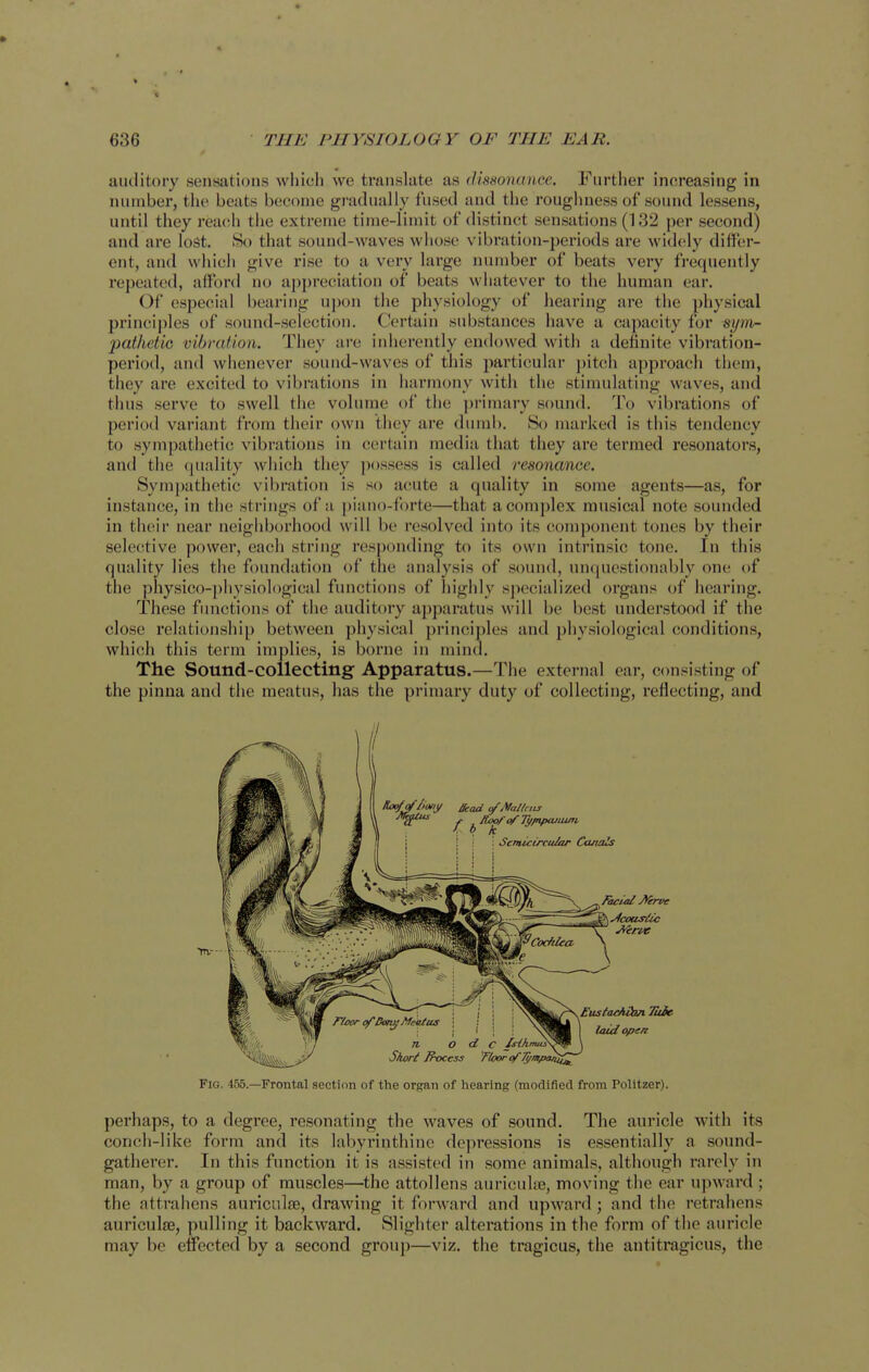 auditory sensations which we translate as dissonance. Further increasing in number, the beats become gradually fused and the roughness of sound lessens, until they reacih the extreme time-limit of distinct sensations (132 per second) and are lost. So tliat sound-waves whose vibration-periods are widely differ- ent, and which give rise to a very large number of beats very fi-equentiy repeated, afford no appreciation of beats whatever to the human ear. Of especial bearing upon the physiology of hearing are the physical principles of sound-selection. Certain substances have a capacity for sym- pathetic vibration. They are inherently endowed with a definite vibration- period, and whenever sound-waves of this particular ])itch approach them, they are excited to vibrations in harmony with the stimulating waves, and thus serve to swell the volume of the primary sound. To vibrations of period variant from their own they are dumb. So marked is this tendency to sympathetic vibrations in certain media that they are termed resonators, and the quality wiiich they possess is called resonance. Sympathetic vibration is so acute a quality in some agents—as, for instance, in the strings of a piano-forte—that a complex musical note sounded in their near neighborhood will be resolved into its component tones by their selective power, each string responding to its own intrinsic tone. In this quality lies the foundation of the analysis of sound, unquestionably one of the physico-])hysiol()gical functions of highly sjiecialized organs of hearing. These functions of the auditory apparatus will be best understood if the close relationship between physical principles and physiological conditions, which this term implies, is borne in mind. The Sound-collecting- Apparatus.—The external ear, consisting of the pinna and the meatus, has the primary duty of collecting, reflecting, and Fig. 455.—Frontal section of the organ of hearing (modified from Politzer). perhaps, to a degree, resonating the waves of sound. The auricle U'ith its con(!h-like form and its labyrinthine depressions is essentially a sound- gatherer. In this function it is assisted in some animals, although rarely in man, by a group of muscles—^thc attollens auricuhe, moving the ear upward ; the attrahens auriculse, drawing it forward and upward; and the retrahens auriculae, pulling it backward. Slighter alterations in tlie form of the auricle may be effected by a second group—viz. the tragicus, the antitragicus, the