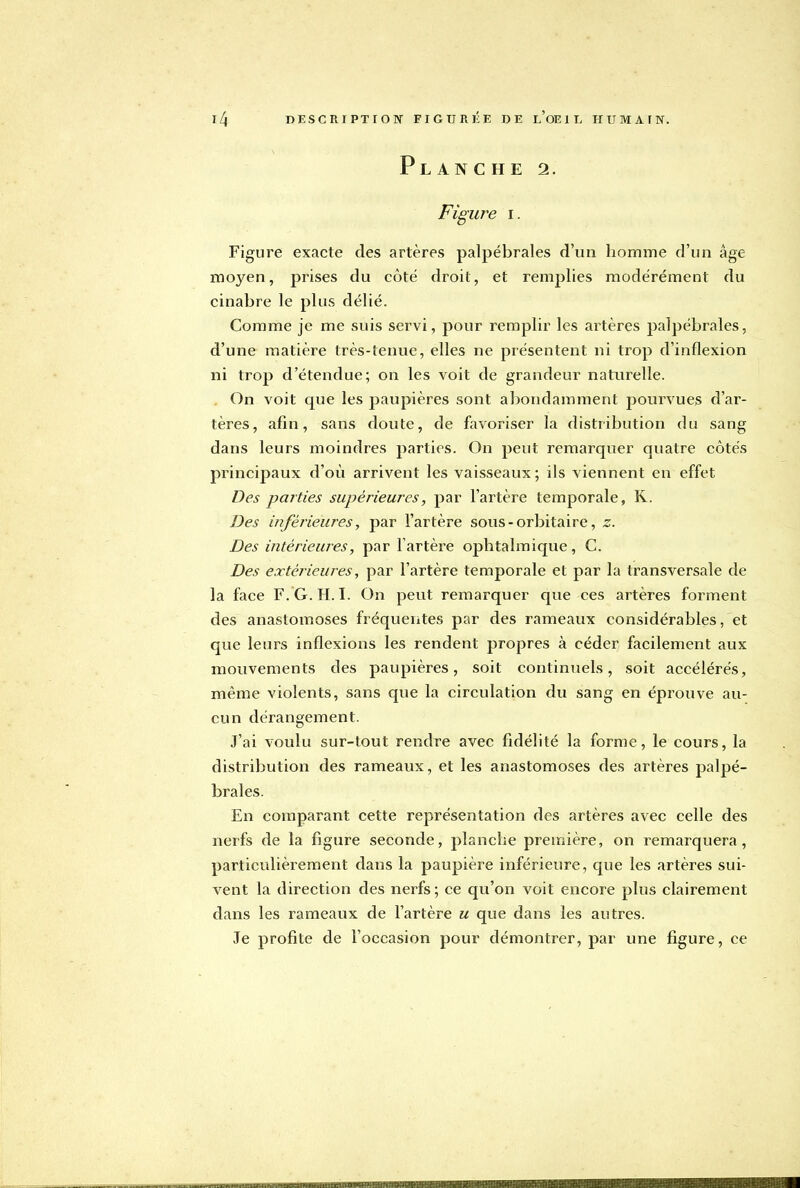 Planche 2. Figure 1. Figure exacte des artères palpébrales d'un homme d'un âge moyen, prises du côté droit, et remplies modérément du cinabre le plus délié. Comme je me suis servi, pour remplir les artères palpébrales, d'une matière très-tenue, elles ne présentent ni trop d'inflexion ni trop d'étendue; on les voit de grandeur naturelle. On voit que les paupières sont abondamment pourvues d'ar- tères, afin, sans doute, de favoriser la distribution du sang dans leurs moindres parties. On peut remarquer quatre côtés principaux d'où arrivent les vaisseaux ; ils viennent en effet Des parties supérieures, par l'artère temporale, R. Des inférieures, par l'artère sous-orbitaire, z. Des intérieures, par l'artère ophtalmique, C. Des extérieures, par l'artère temporale et par la transversale de la face F. G.H. I. On peut remarquer que ces artères forment des anastomoses fréquentes par des rameaux considérables, et que leurs inflexions les rendent propres à céder facilement aux mouvements des paupières, soit continuels, soit accélérés, même violents, sans que la circulation du sang en éprouve au- cun dérangement. J'ai voulu sur-tout rendre avec fidélité la forme, le cours, la distribution des rameaux, et les anastomoses des artères palpé- brales. En comparant cette représentation des artères avec celle des nerfs de la figure seconde, planche première, on remarquera, particulièrement dans la paupière inférieure, que les artères sui- vent la direction des nerfs ; ce qu'on voit encore plus clairement dans les rameaux de l'artère u que dans les autres. Je profite de l'occasion pour démontrer, par une figure, ce