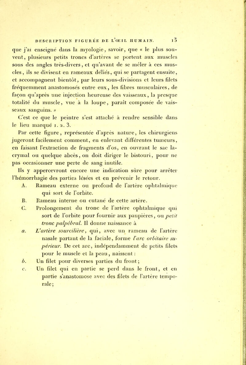 que j'ai enseigné dans la myologie, savoir, que « le plus sou- vent, plusieurs petits troncs d'artères se portent aux muscles sous des angles très-divers, et qu'avant de se mêler à ces mus- cles, ils se divisent en rameaux déliés, qui se partagent ensuite, et accompagnent bientôt, par leurs sous-divisions et leurs filets fréquemment anastomosés entre eux, les fibres musculaires, de façon qu'après une injection heureuse des vaisseaux, la presque totalité du muscle, vue à la loupe, paraît composée de vais- seaux sanguins. » C'est ce que le peintre s'est attaché à rendre sensible dans le lieu marqué i. 2. 3. Par cette figure, représentée d'après nature, les chirurgiens jugeront facilement comment, en enlevant différentes tumeurs, en faisant l'extraction de fragments d'os, en ouvrant le sac la- crymal ou quelque abcès, on doit diriger le bistouri, pour ne pas occasionner une perte de sang inutile. Ils y appercevront encore une indication sure pour arrêter l'hémorrhagie des parties lésées et en prévenir le retour. A. Rameau externe ou profond de l'artère ophtalmique qui sort de l'orbite. B. Rameau interne ou cutané de cette artère. C. Prolongement du tronc de l'artère ophtalmique qui sort de l'orbite pour fournir aux paupières, ou petit tronc palpébral. Il donne naissance à a. L'artère sourcilière, qui, avec un rameau de l'artère nasale partant de la faciale, forme rare orbitaire su- périeur. De cet arc, indépendamment de petits filets pour le muscle et la peau, naissent : b. Un filet pour diverses parties du front ; c. Un filet qui en partie se perd dans le front, et en partie s'anastomose avec des filets de l'artère tempo- rale;